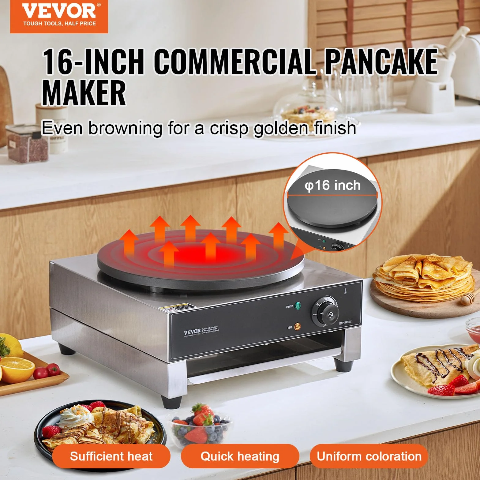 VEVOR Crêpière Électrique 40 cm, Appareil à Crêpes Commercial, Machine à Crêpes Antiadhésive, Plaque Chauffante à Crêpes Plate, 1700 W, en Acier Inoxydable, avec Contrôle de la Température, Restaurant