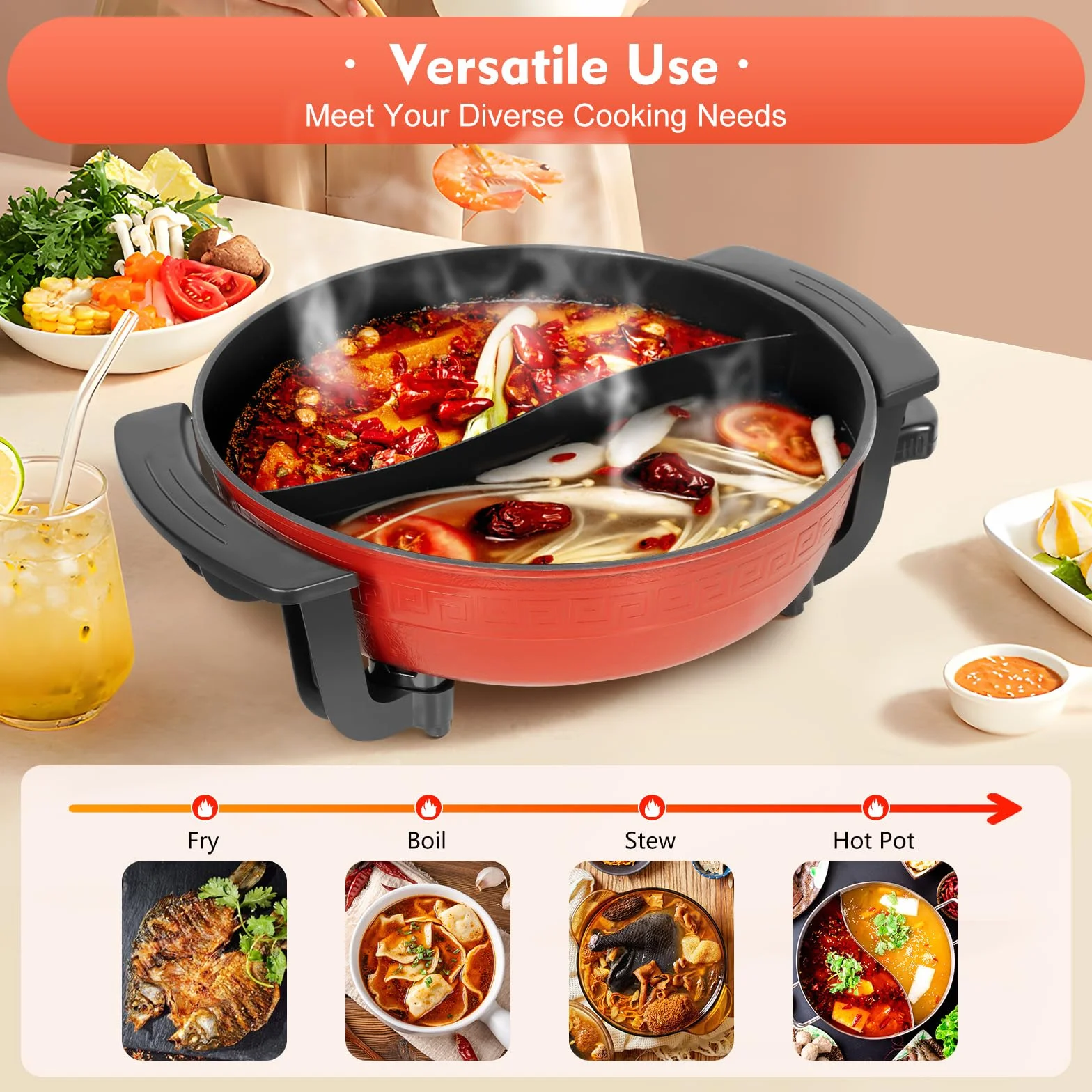 Hot Pot électrique à fondue 6 l Double face séparable – 1360 W, 5 niveaux de réglage de la température, fond à induction antiadhésif, pour hotpot, fondues, rôtis et braiseurs, 3 à 4 personnes (220 V)