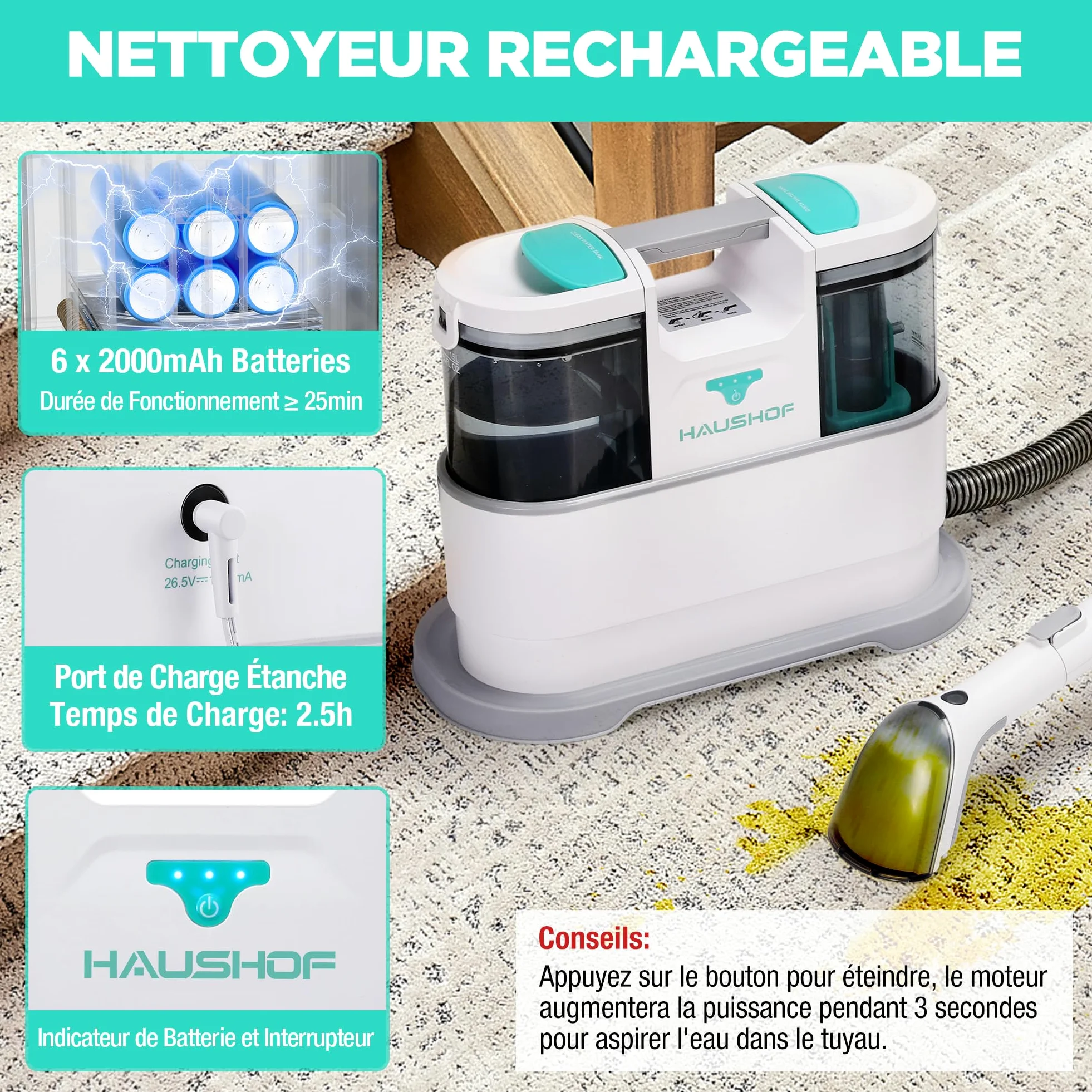 HAUSHOF StainZapper Air Nettoyeur de Tapis Portable 24V avec Nettoyant et Brosses, Nettoyeur Moquettes Shampouineuse pour Canapé, Tissus d'ameublement, Voiture, Escaliers, Tissus, Animaux, 38*20*30 CM