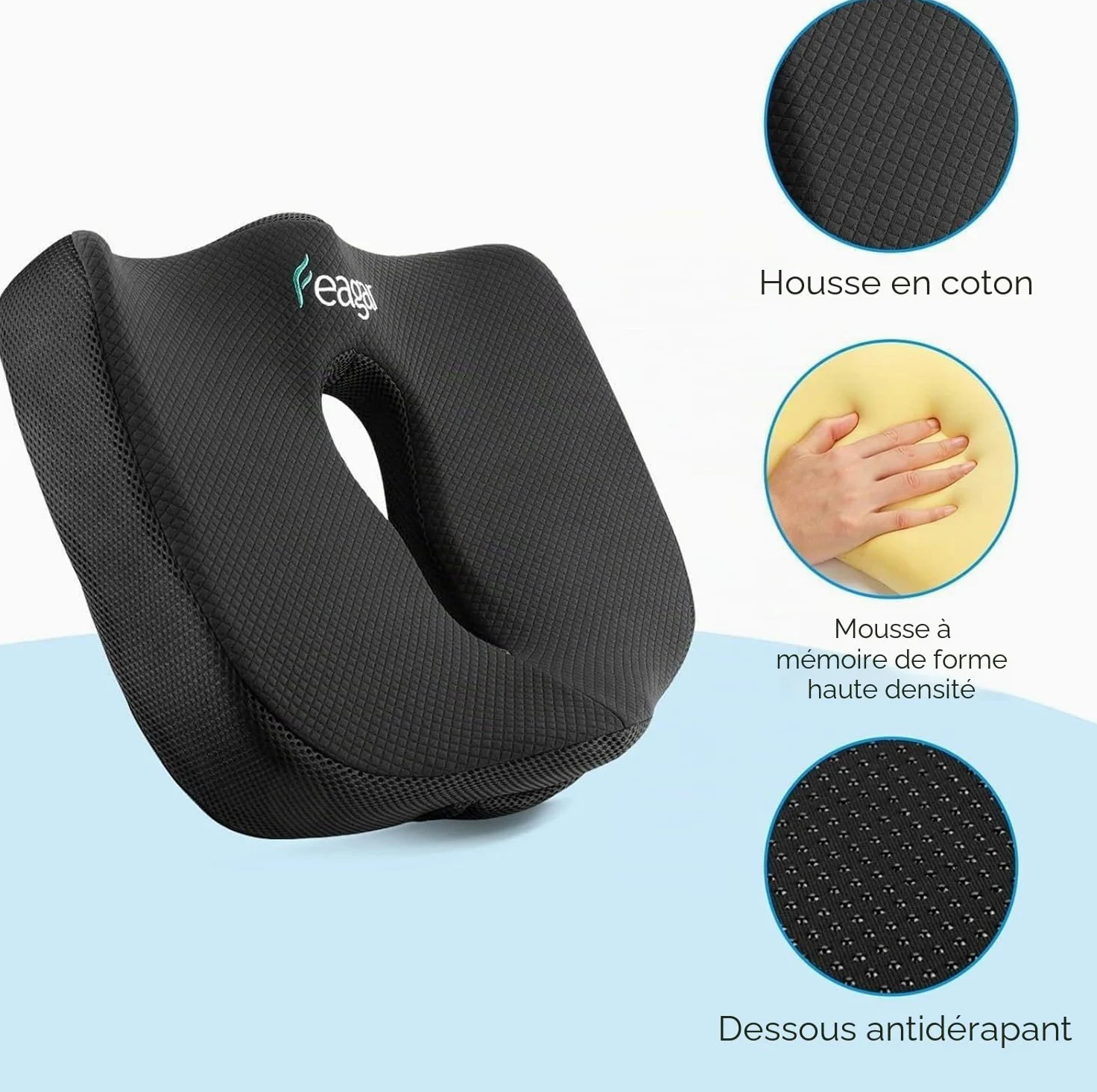 Feagar Coussin de Chaises en Mousse à Mémoire - Coussin Coccyx Ergonomique pour Siège Voiture Auto Conducteur Fauteil Bureau Fauteuil Roulant,Coussin Sciatique,Coussin d Assise,Noir