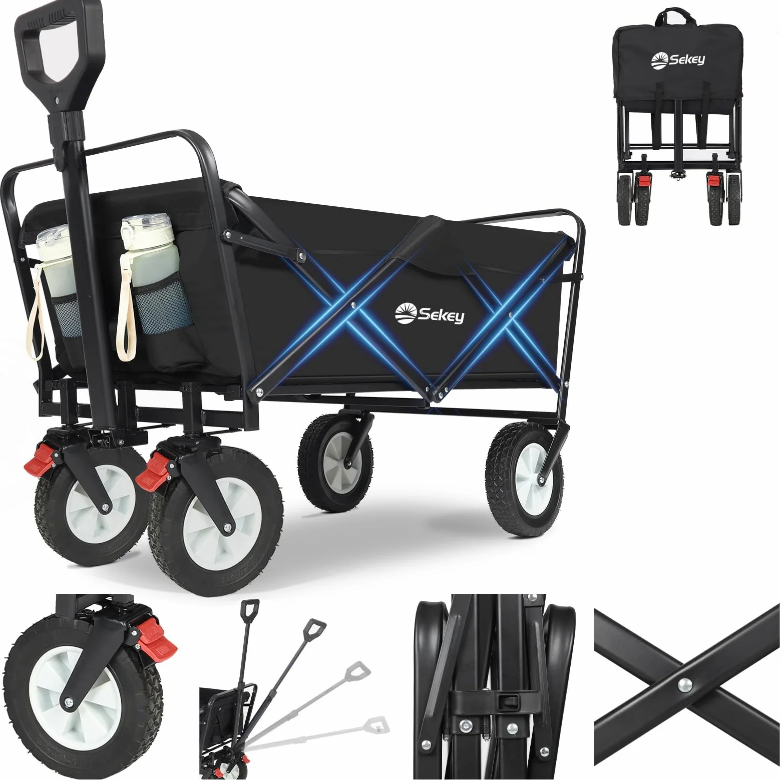 Sekey Chariot de transport pliable en caoutchouc 200 kg pour charge lourde, adapté au terrain, chariot à main pliable, pour la plage, le camping, les enfants, ultra silencieux, caoutchouc plein 100 l,