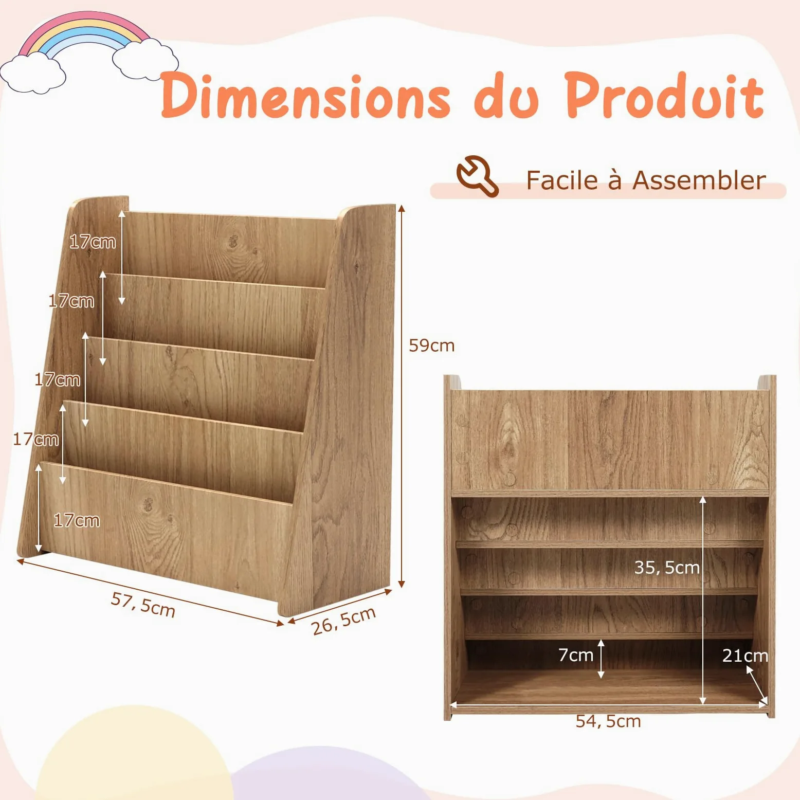 COSTWAY Bibliothèque Enfant en Bois à 4 Niveaux de Compartiments Ouverts, Étagère à Livres avec Patins Antidérapants, Meuble Rangement Jouet Montessori pour Bureau Chambre d’Enfant, 57,5x26,5x59cm