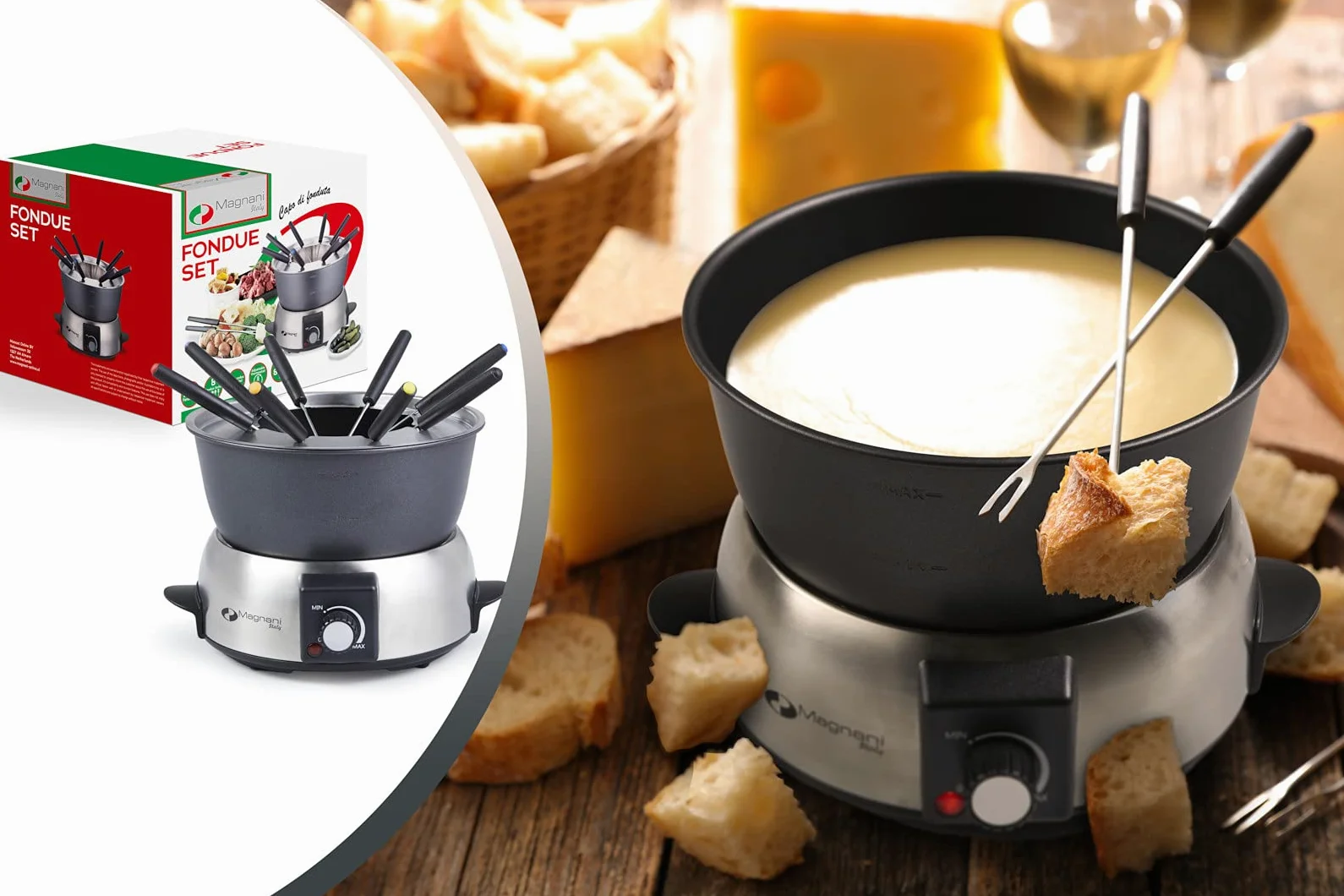 MAGNANI Appareil à fondue électrique pour 8 personnes. Fondue Chinoise, Bourguignonne, Savoyarde, Chocolat. Services à fondu capacité 1,75 Litres 800W.