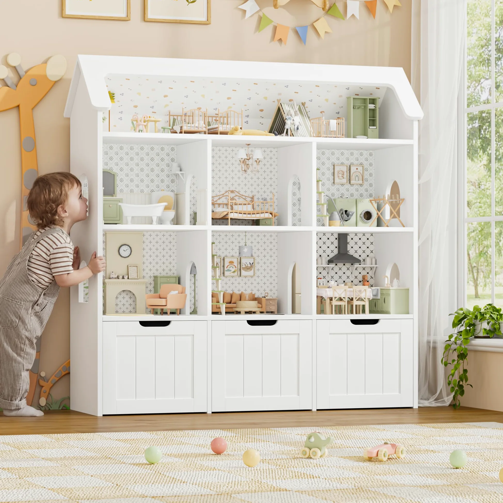 FOREHILL Meuble Rangement Enfant, Maison de Poupée, Bibliothèque Enfant avec 7 Étagères 3 Tiroirs Roulants, Rangement Jouet Chambre Enfant, 120x30x117.5cm, Blanc