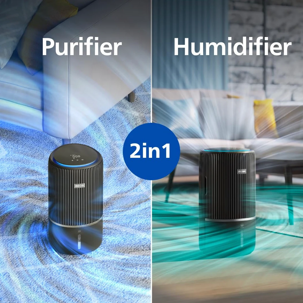 Philips Série 3400 Purificateur d'Air et Humidificateur 2 en 1, Filtre HEPA NanoProtect + Filtre à Charbon Actif, Humidification Hygiénique, CADR 300 m³/h, Taux d'Humidification 650 ml/h (AC3421/13)