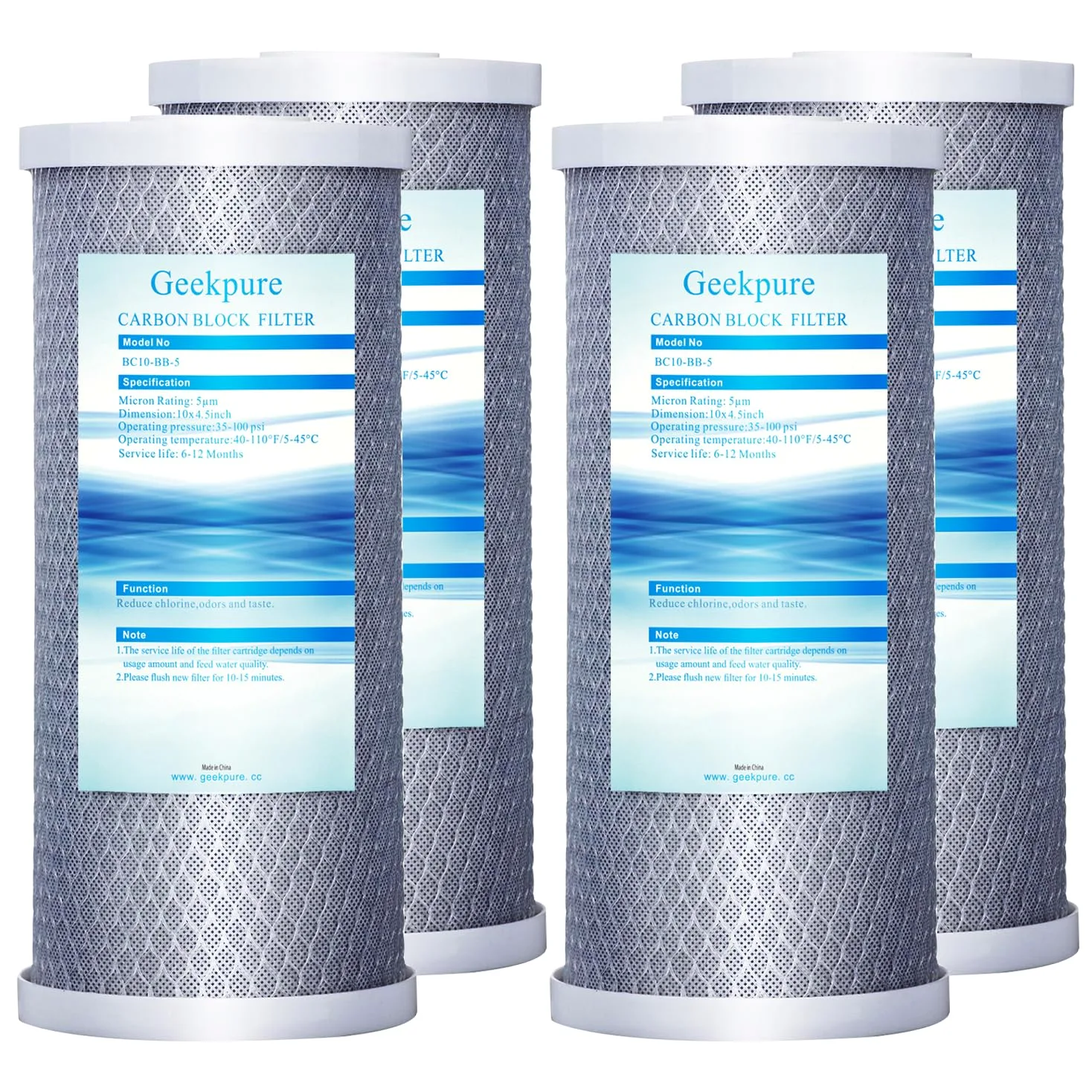 Geekpure Cartouche filtrante à bloc de carbone 10 pouces pour filtration de toute la maison (lot de 4) -10 "X4.5" -5 Microns