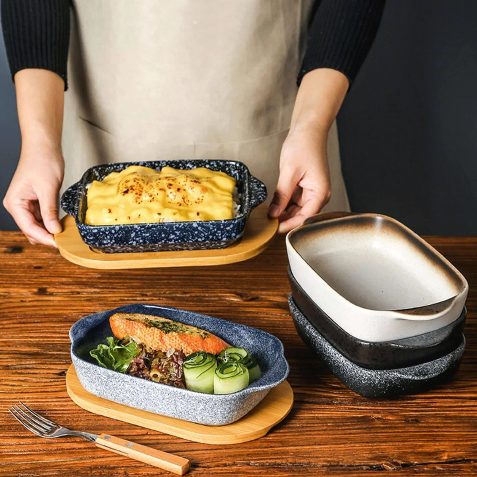 Plat de cuisson rectangulaire en céramique avec poignées for micro-ondes Pain
