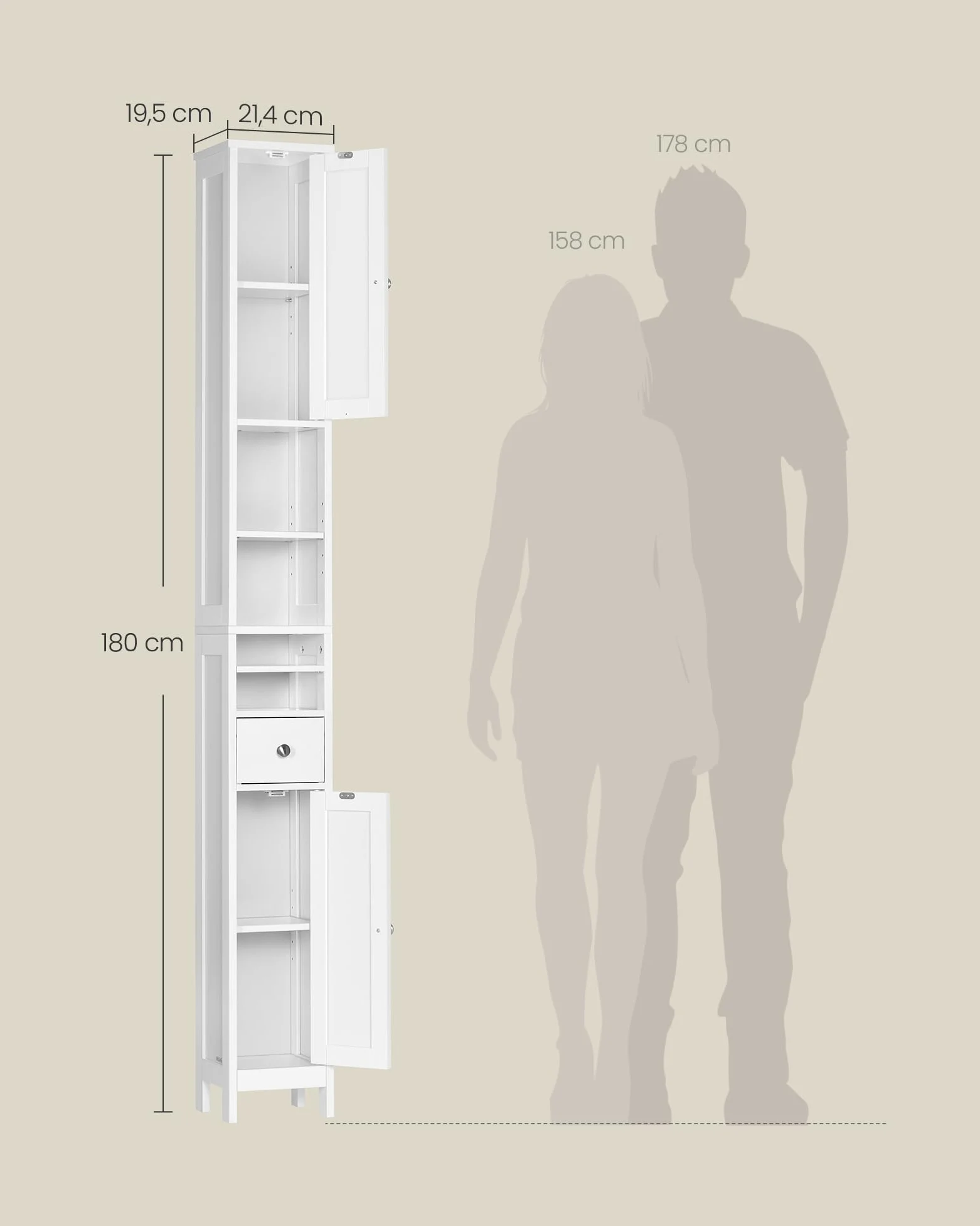 VASAGLE Colonne Salle de Bain Haute, Meuble Salle de Bain Etroit, avec Étagères Réglables, Tiroir, Compartiments Ouverts, pour Les Petits Espaces, Moderne, Blanc Nuage BBC765W01