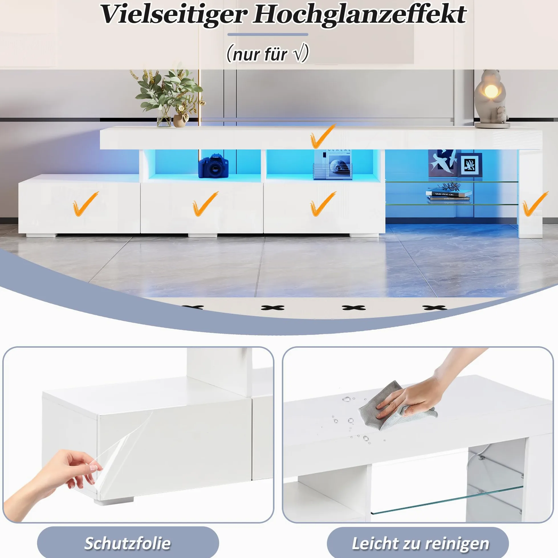 Meuble TV 180 cm Blanc Laqué avec Éclairage LED Piloté par App, Banc TV Moderne pour Téléviseurs jusqu'à 75 Pouces, 3 Tiroirs Push-to-Open et 7 Compartiments de Rangement pour Salon et Chambre