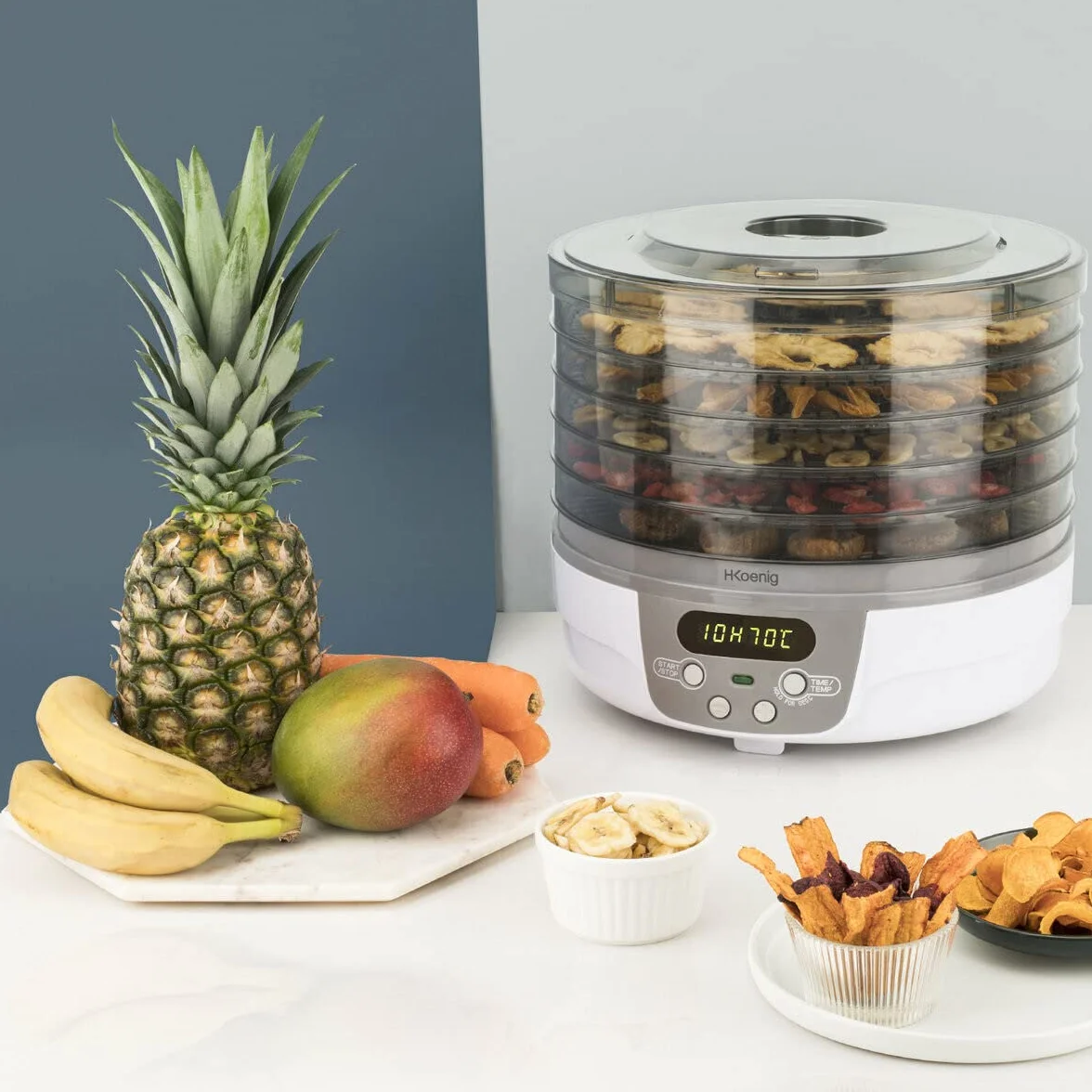 H.Koenig Déshydrateur Alimentaire électrique de nourriture DSY700, 5 Plateaux transparents Amovibles, Température réglable 35-75°C, Minuterie 24h, Séchage Aliments, Blanc