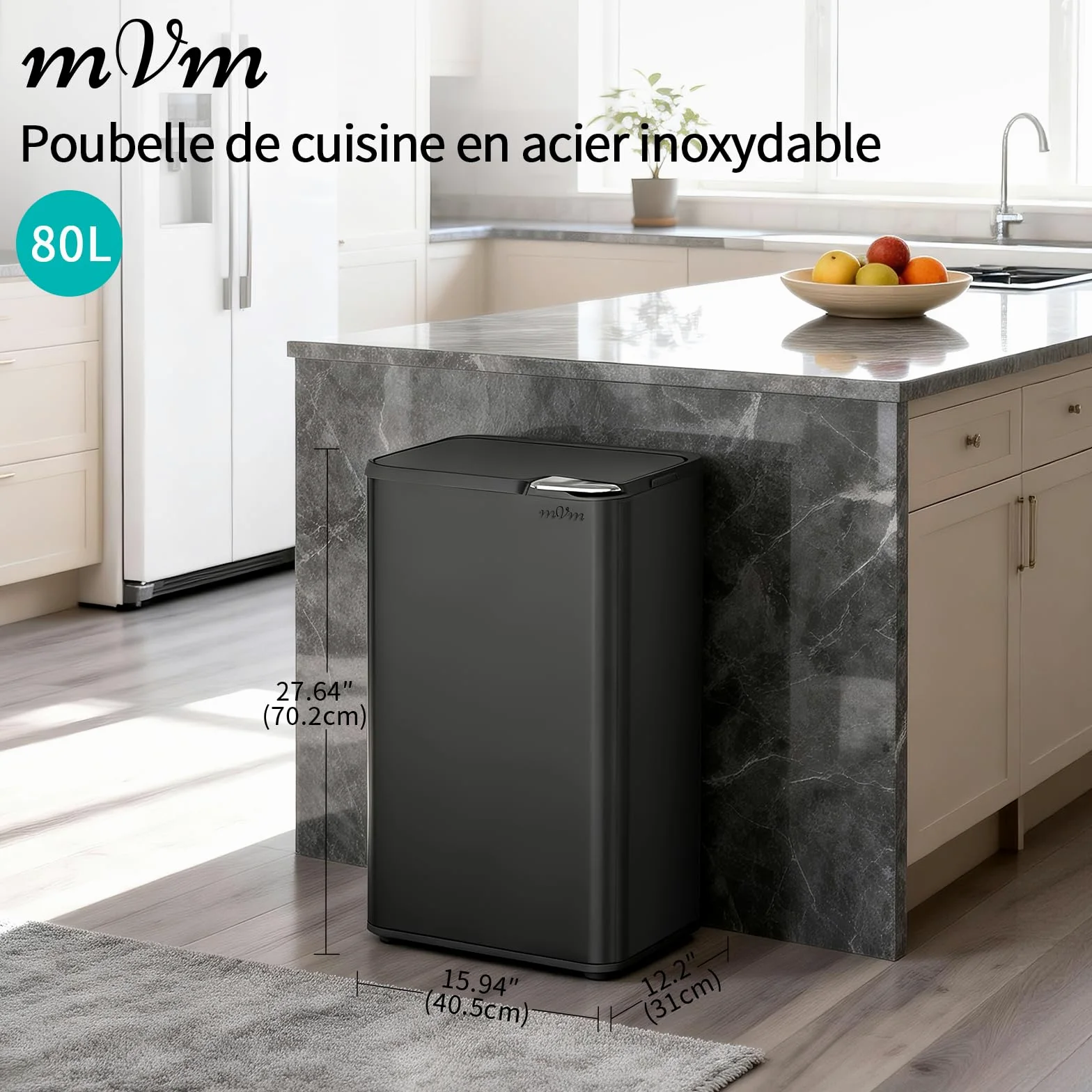 mVm Poubelle de Cuisine, Bureau 80L, avec Couvercle et Filtre Déodorant, Fermeture Douce et Maintien en Ouverture, en acier inoxydable, forme Rectangulaire, Support Détachable