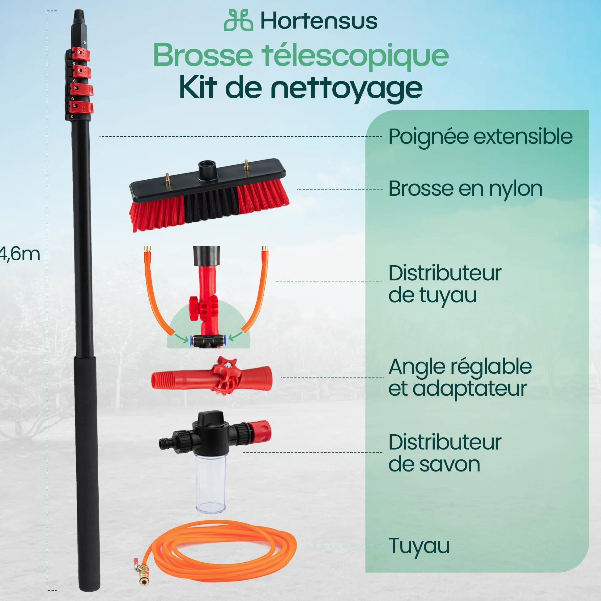 Balai Brosse Telescopique – Brosse Telescopique de Nettoyage avec Raccord d’Eau pour Voitures, Camping-Cars, Garage, Toiture, Façades et Nettoyage des Panneaux Solaires (4,6 m)