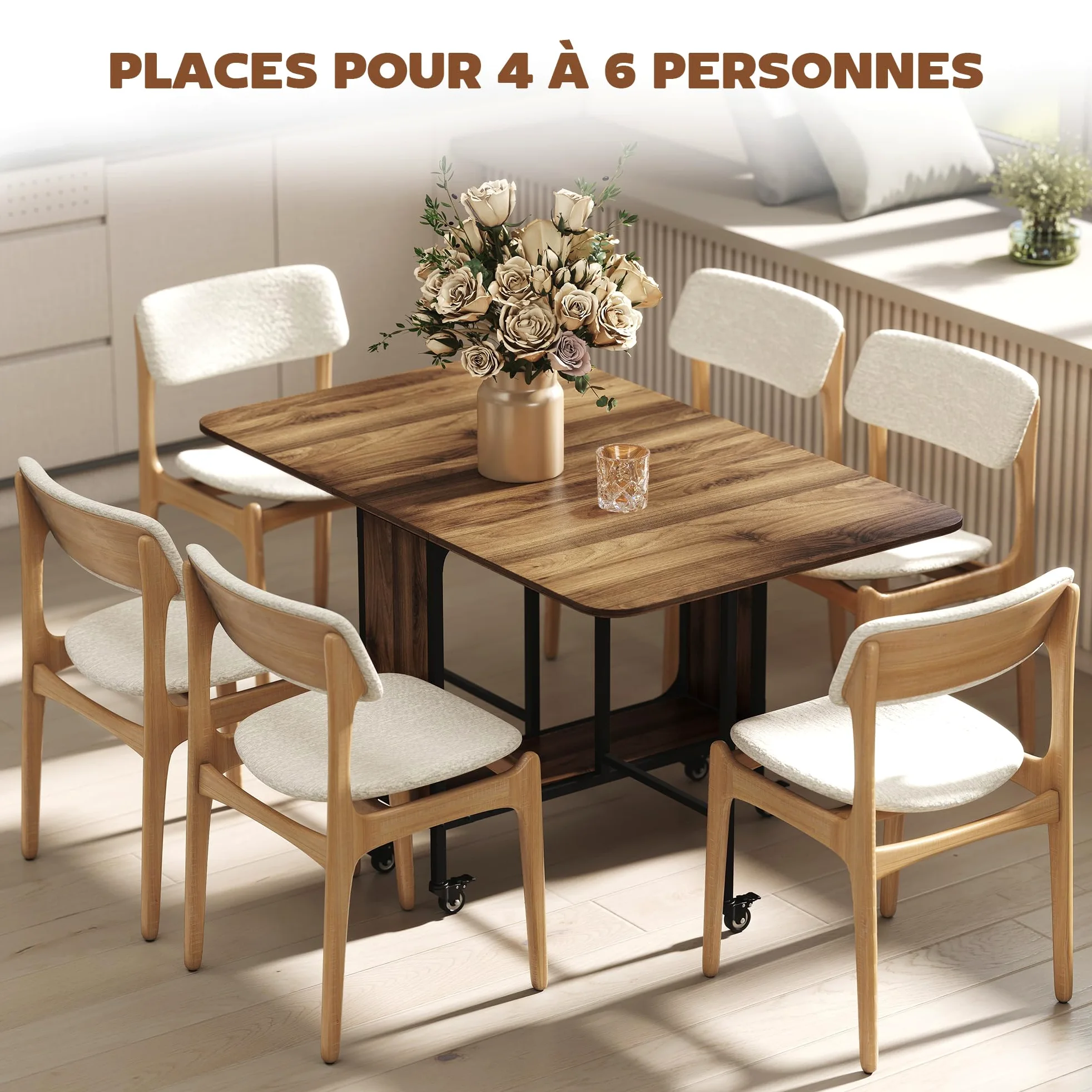HOMCOM Table à Manger Pliante sur roulettes, Table de Cuisine pour 6 Personnes avec 2 abattants et étagère intégrée, pour Petits espaces, Salle à Manger, 130 x 80 x 74 cm, Marron