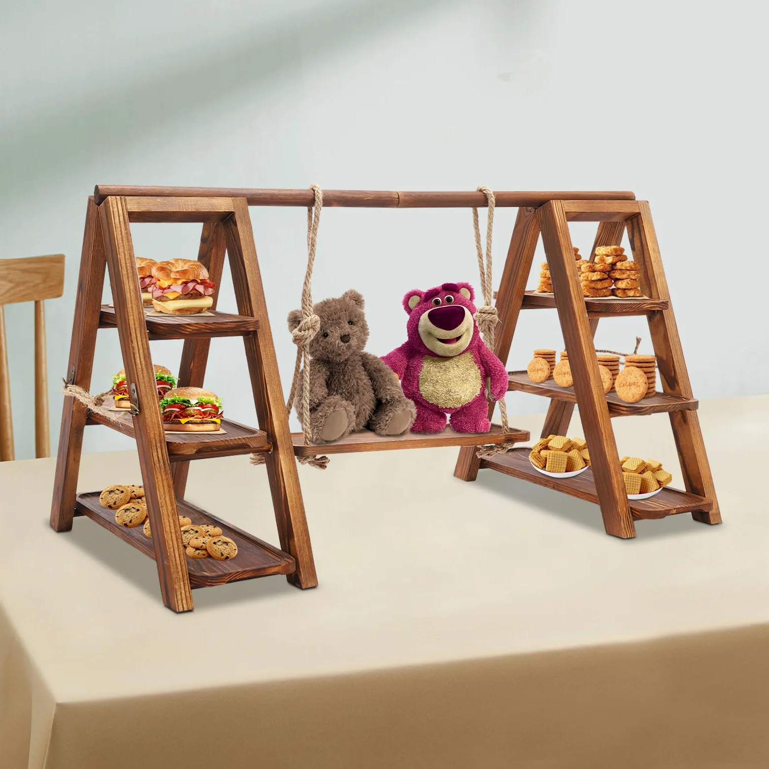 Plateau de service en bois - Présentoir à dessert en bois à 3 étages - Échelle de service rustique graduée - Support à dessert de ferme - Pour gâteaux, collations, fruits, chips