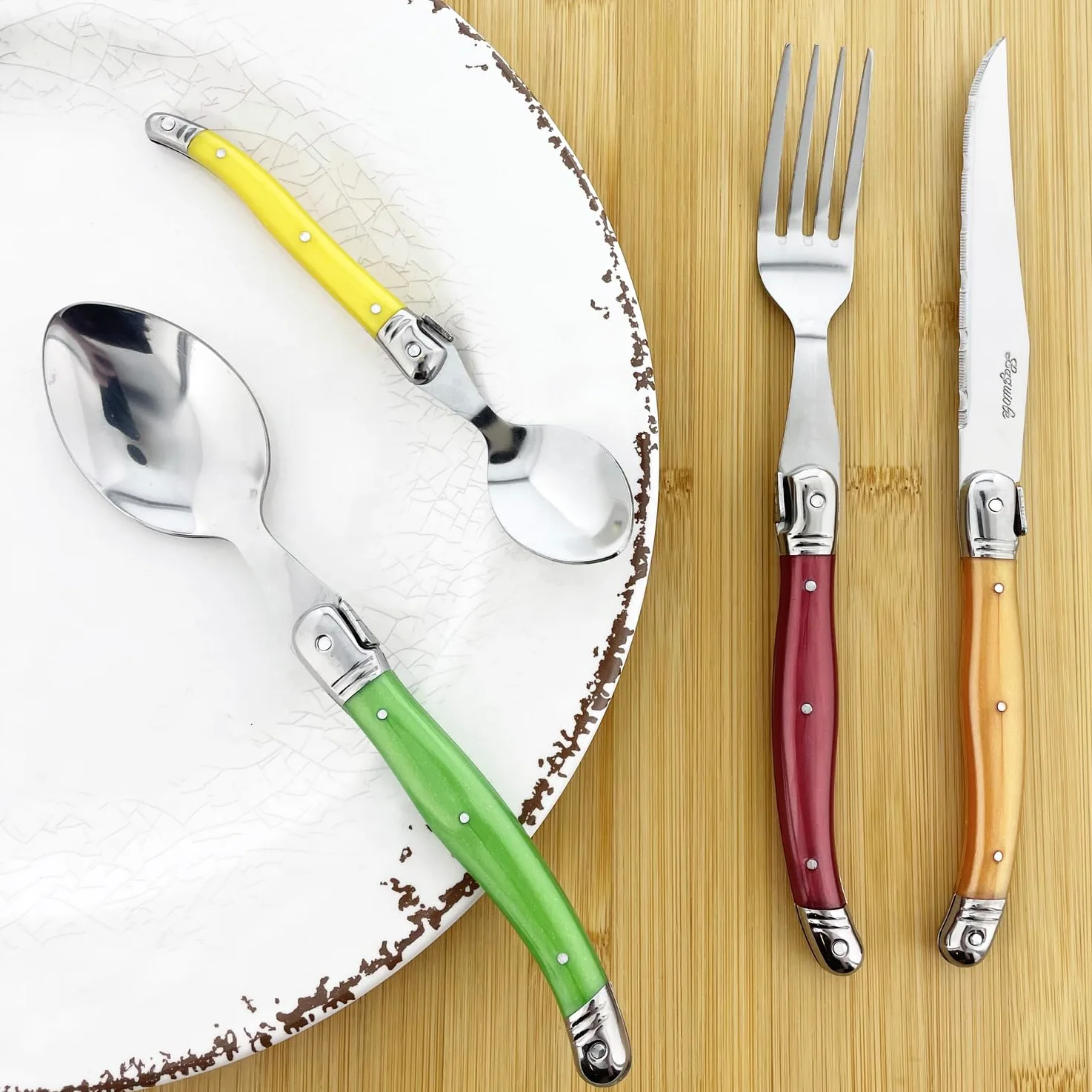 Pradel Excellence - I7214P - Ménagère Laguiole 24 Pièces - 6 Couteaux, 6 Fourchettes, 6 Cuillères à Soupe, 6 Cuillères à Café - Lames Inox - Manches ABS Pastel - Coffret Bois Élégant