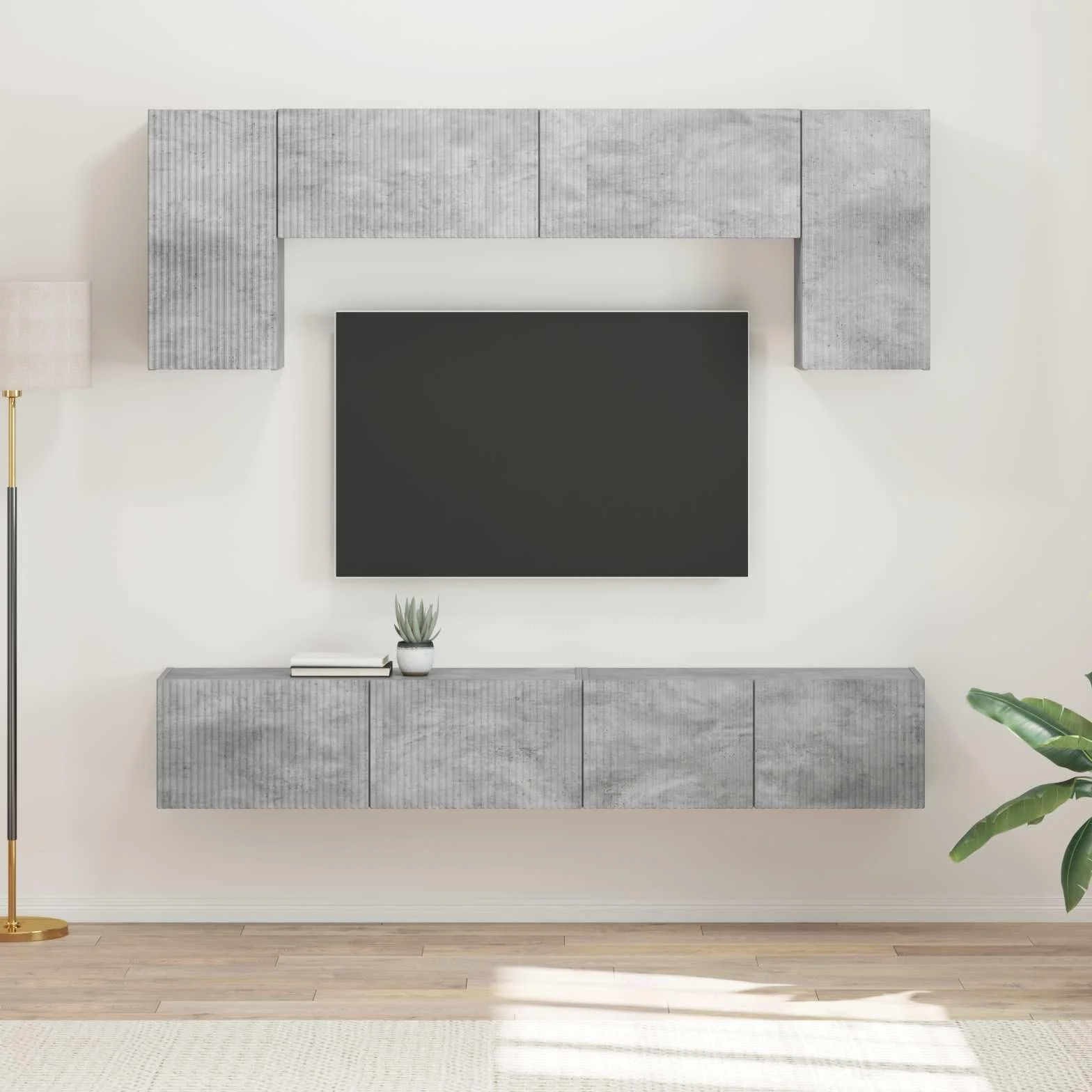 Ensemble Meuble TV 4 pièces Gris béton en Bois d'ingénierie, Montage Mural avec étagères, tiroirs et Portes, Rangement pour Salon séjour multimédia, Console et Support Audio vidéo