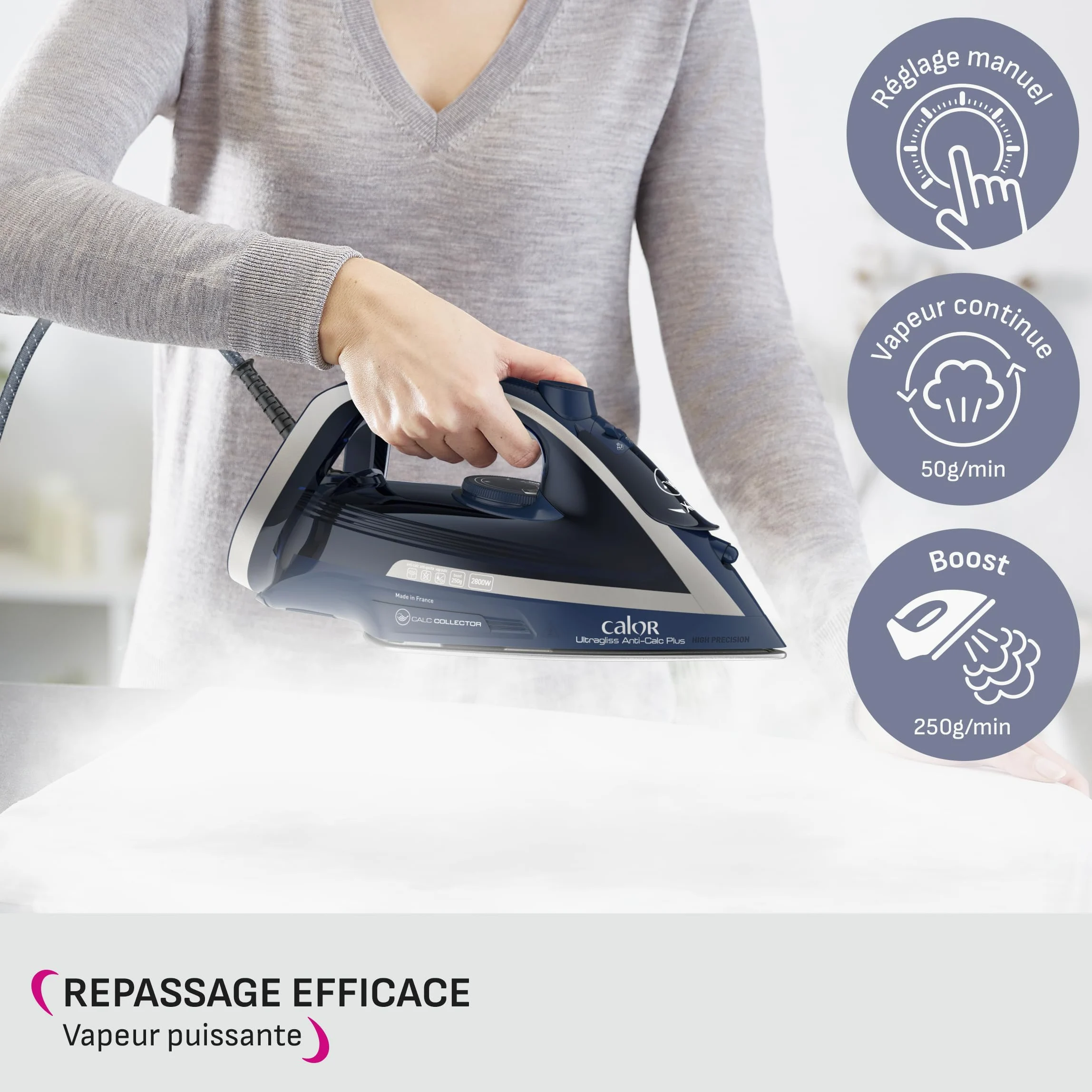 Calor Fer à repasser vapeur, 2800 W, Débit vapeur continu 50 g/min, Fonction pressing 250 g/min, Système anticalcaire, Mode éco, Ultragliss Anti-Calc Plus FV6830C0