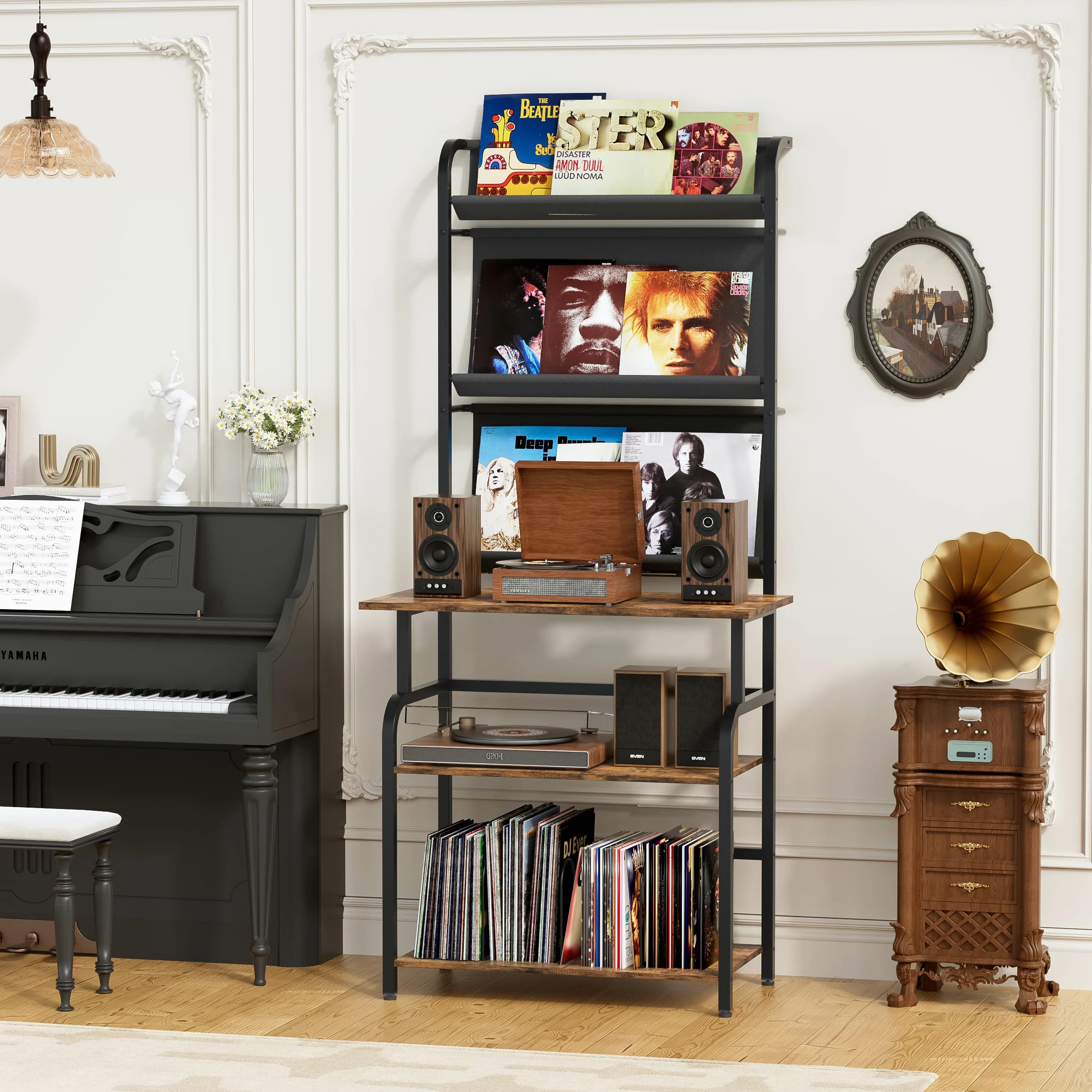 6 étages Platine Support Vinyle Rangement,Présentoir pour Disques Vinyles avec 3 étages rangement de disques vinyles,Armoire Table de Tourne,Tourne Disque Vinyle Stockage pour Salon,Studio,78x169x38cm
