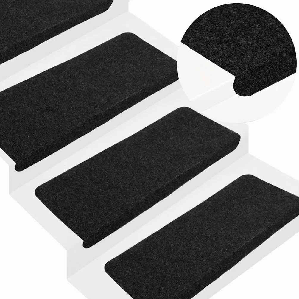 vidaXL Tapis d'Escalier Auto-adhésifs 15 pcs, Protections d'Escalier Antidérapantes, Moquettes de Marches, Couvre-marches, 65x24,5x3,5 cm Noir