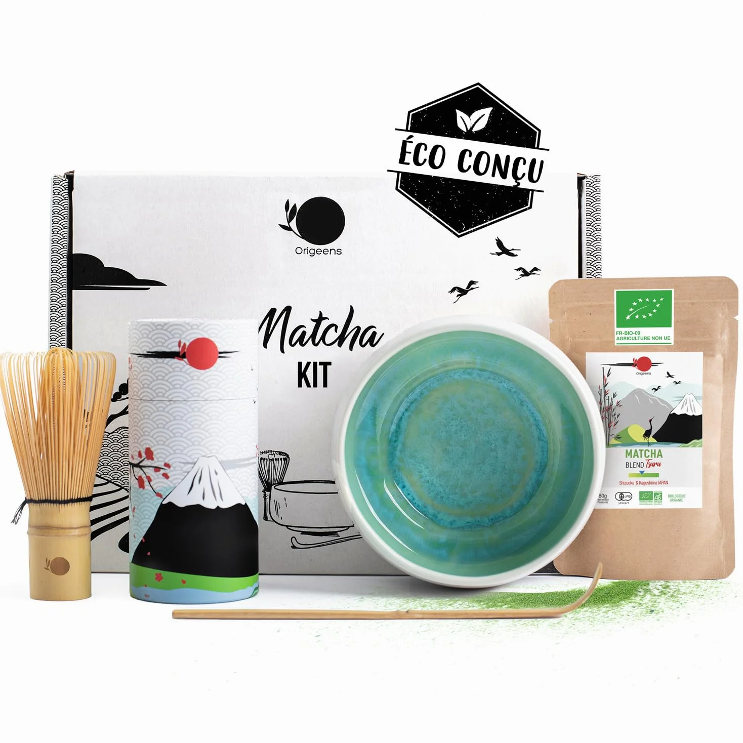 ORIGEENS Kit Matcha Complet JADE - Conditionné en France - Matcha Kit avec Bol Matcha Artisanal (Portugal), Fouet Chasen, Thé Matcha BIO Japonais et Cuillère doseuse Chashaku