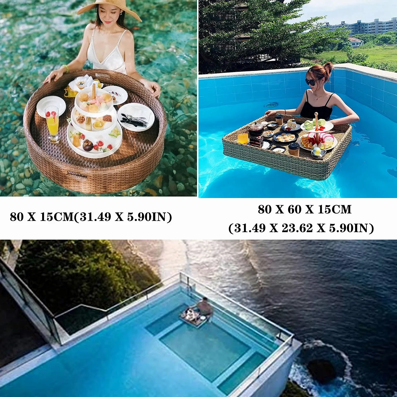 Plateau de Service tissé en rotin Plateau Alimentaire avec poignées Plateau Flottant Plateau de Service Flottant de Luxe Table Bar Piscine Plateau Flottant pour Piscine Servant des Boissons