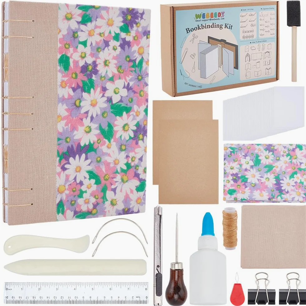 WEBEEDY Kit de Reliure de Journal 58 Pcs de Création de Reliure Fleurie A5 de Création de Livre Complet avec Fil, Aiguilles à Coudre, Papier, Outil de Pliage de Papier pour Adultes, 15X21cm