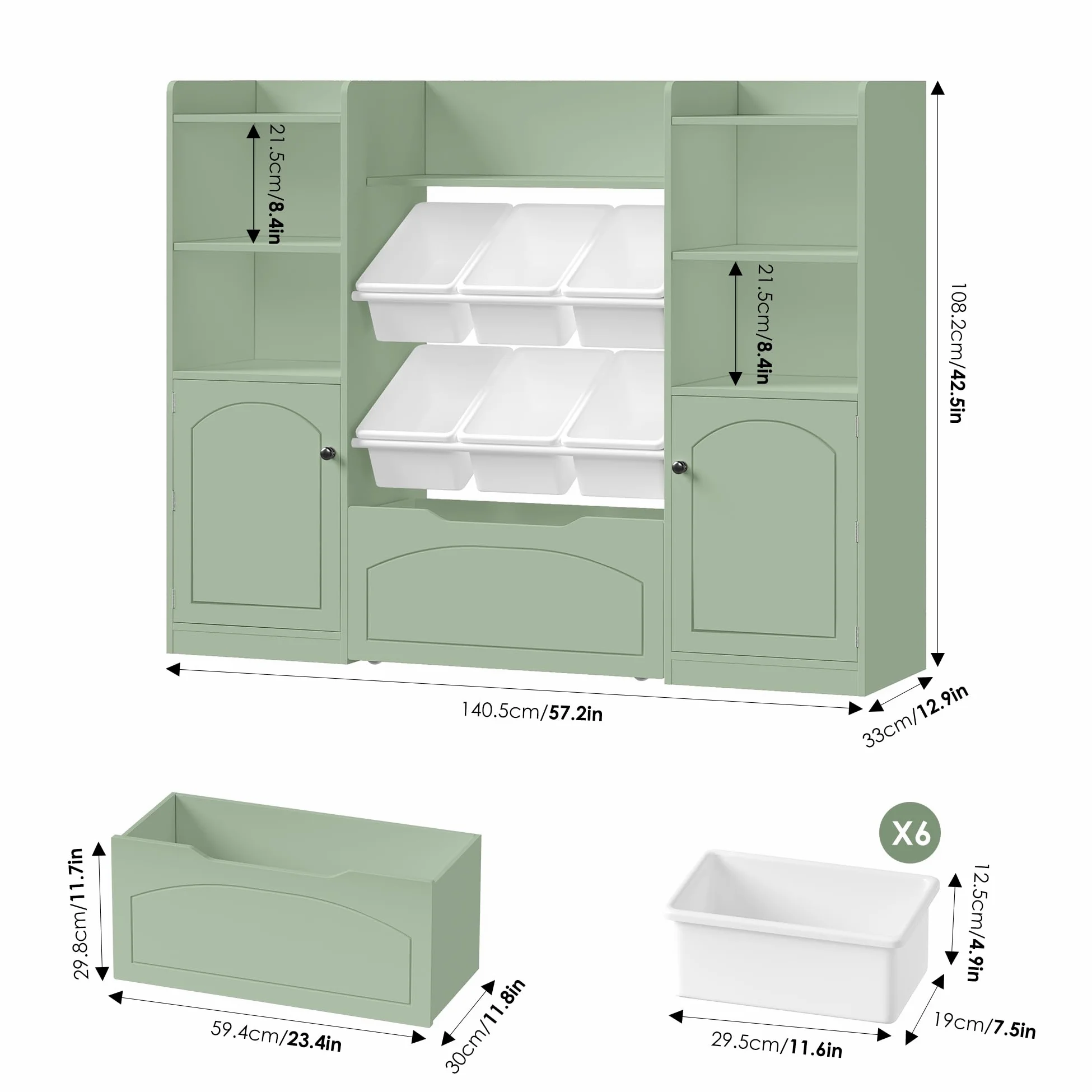 FOREHILL Meuble Rangement Enfant Bibliothèque Enfant avec 15 Étagères 6 Boîtes Amovibles 1 Tiroirs Roulants 2 Portes Rangement Jouet pour Chambre d'enfants Salle de Jeu 140x33x108.2cm Vert