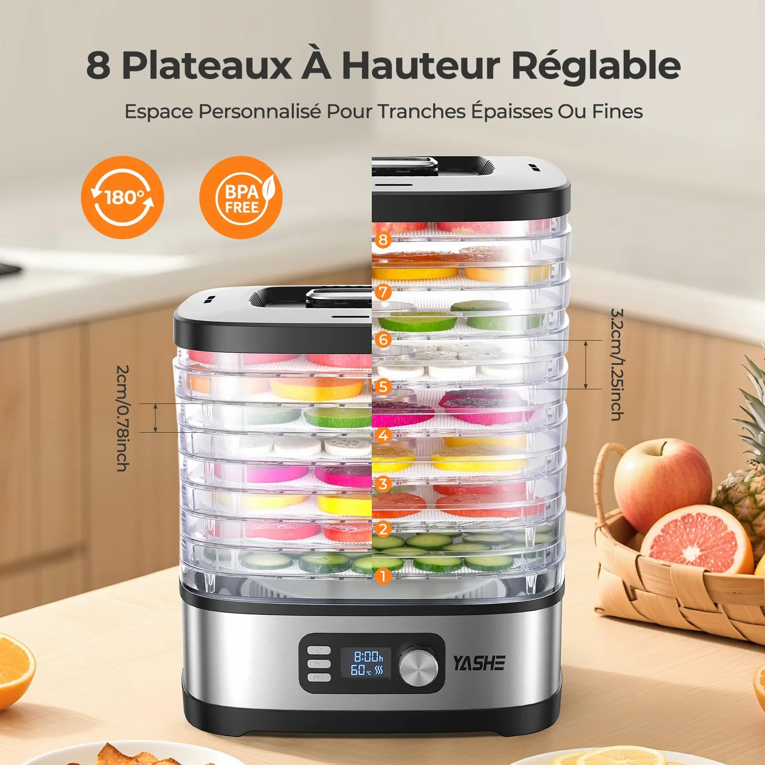 YASHE Deshydrateur Alimentaire 8 Plateaux, Minuteur Digital & Température Réglable, Plateaux Sans BPA, Feuilles en Maille & Rouleaux de Fruits, Pince Inox, Pour Jerky, Fruits, Légumes et Herbes