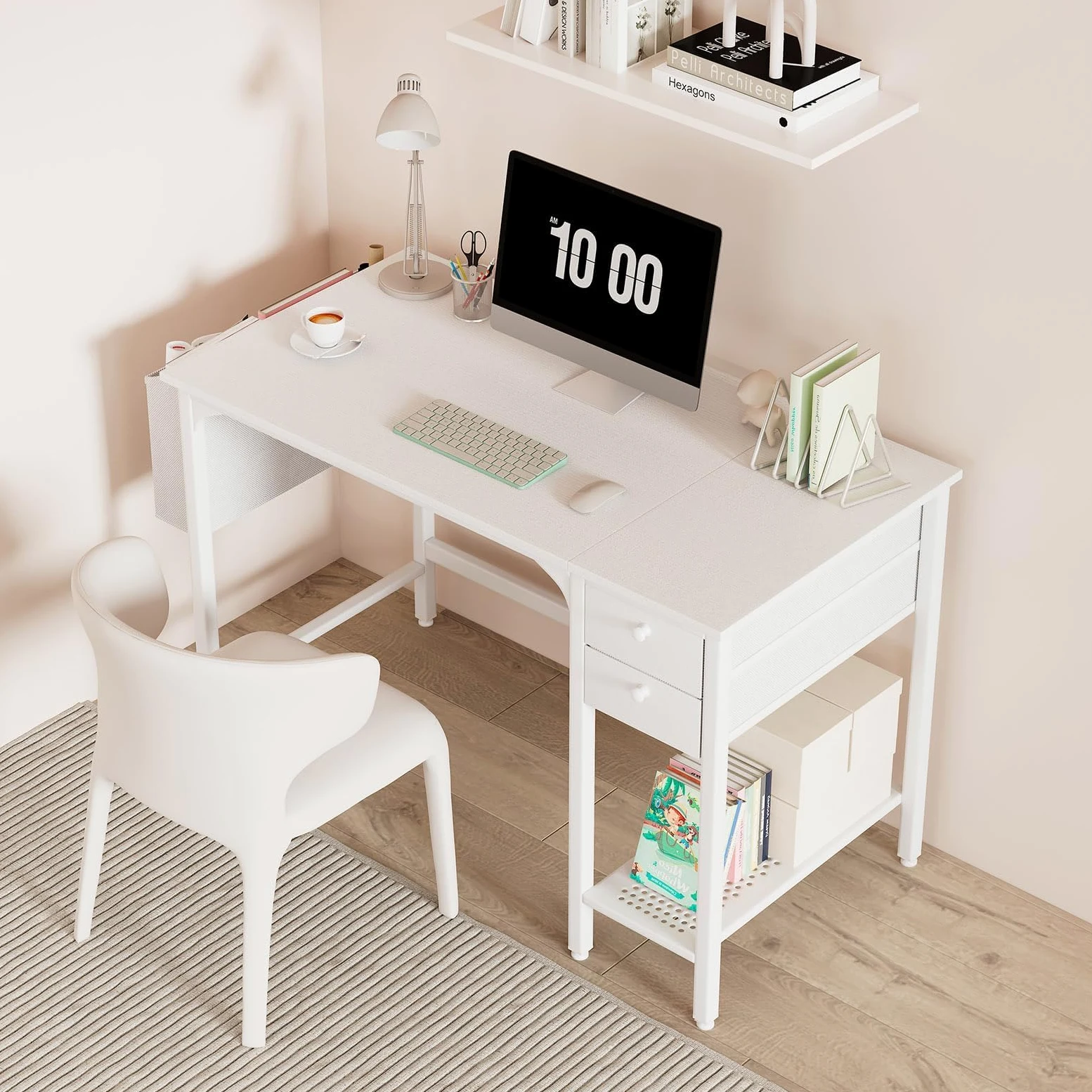 Lufeiya Bureau Blanc avec 2 Tiroirs de Rangement Petit PC Bureau 100cm Informatique pour Chambre Petit Espace Ado Fille