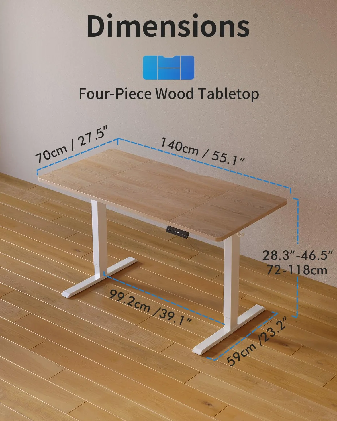 FEZIBO Bureau Assis Debout avec Ports de Charge USB-A et USB-C - 140 x 70 cm - Bureau électrique réglable en Hauteur - Standing Desk- Chêne