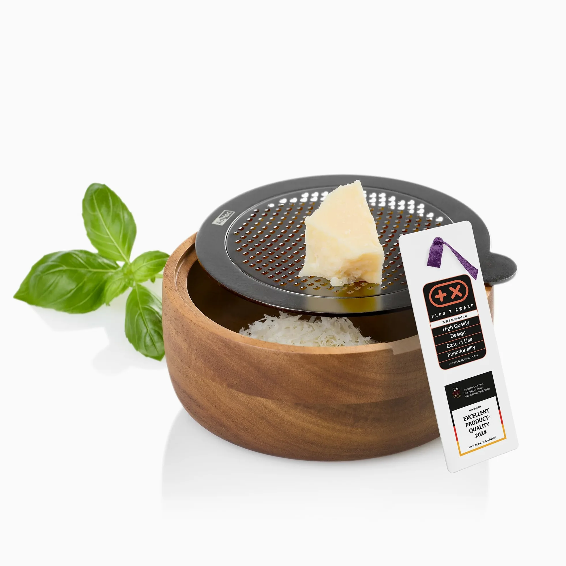 AdHoc CutnServe Râpe fine à fromage avec récipient, noir | Lame inox PreciseGrate pour parmesan, fromage à pâte dure, chocolat, noix et épices, récipient en bois d’acacia