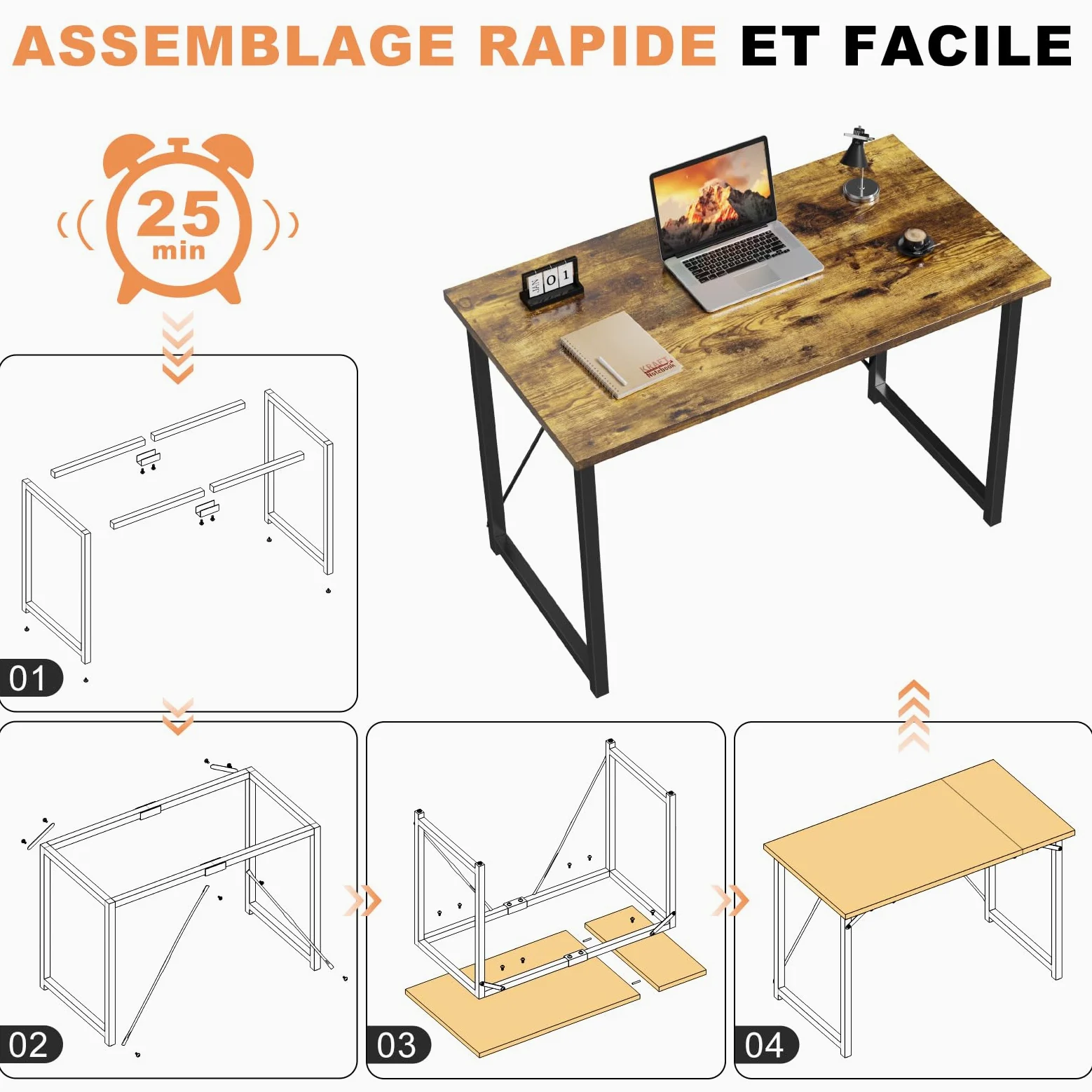 Devoko Bureau d'ordinateur, Table, Petits Bureaux d'étude 100 x 50 x 75 cm pour Les Petits Espaces, Poste de Travail, Bureau et Travail à Domicile, Cadre en Métal, Marron Rustique