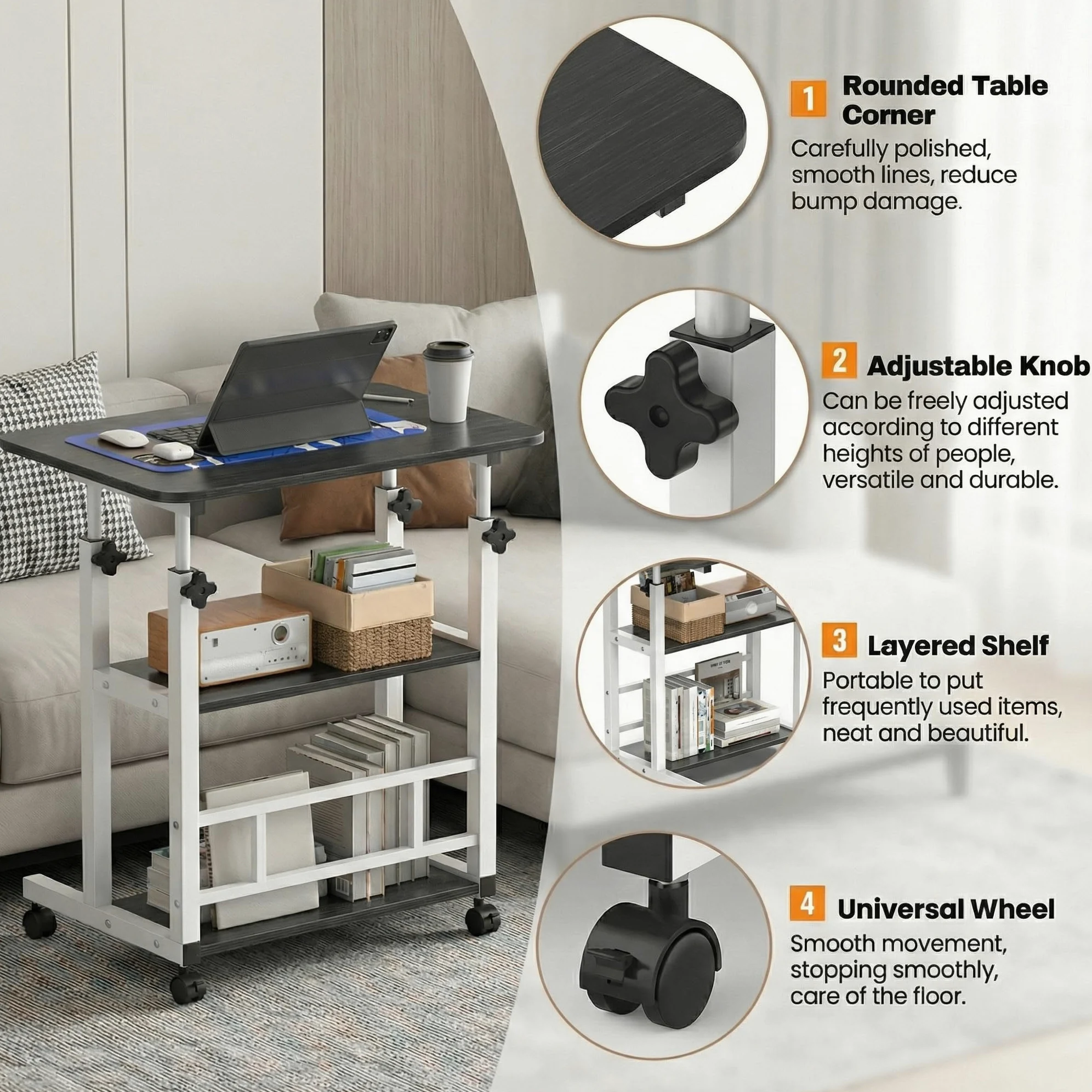 Huracan Bureau Informatique Mobile Réglable en Hauteur 56–82 cm, Table d’Ordinateur 80 x 40 cm avec 3 Niveaux de Rangement, 4 roulettes Verrouillables, Table d’Appoint pour Lit, Canapé – Noir Brossé