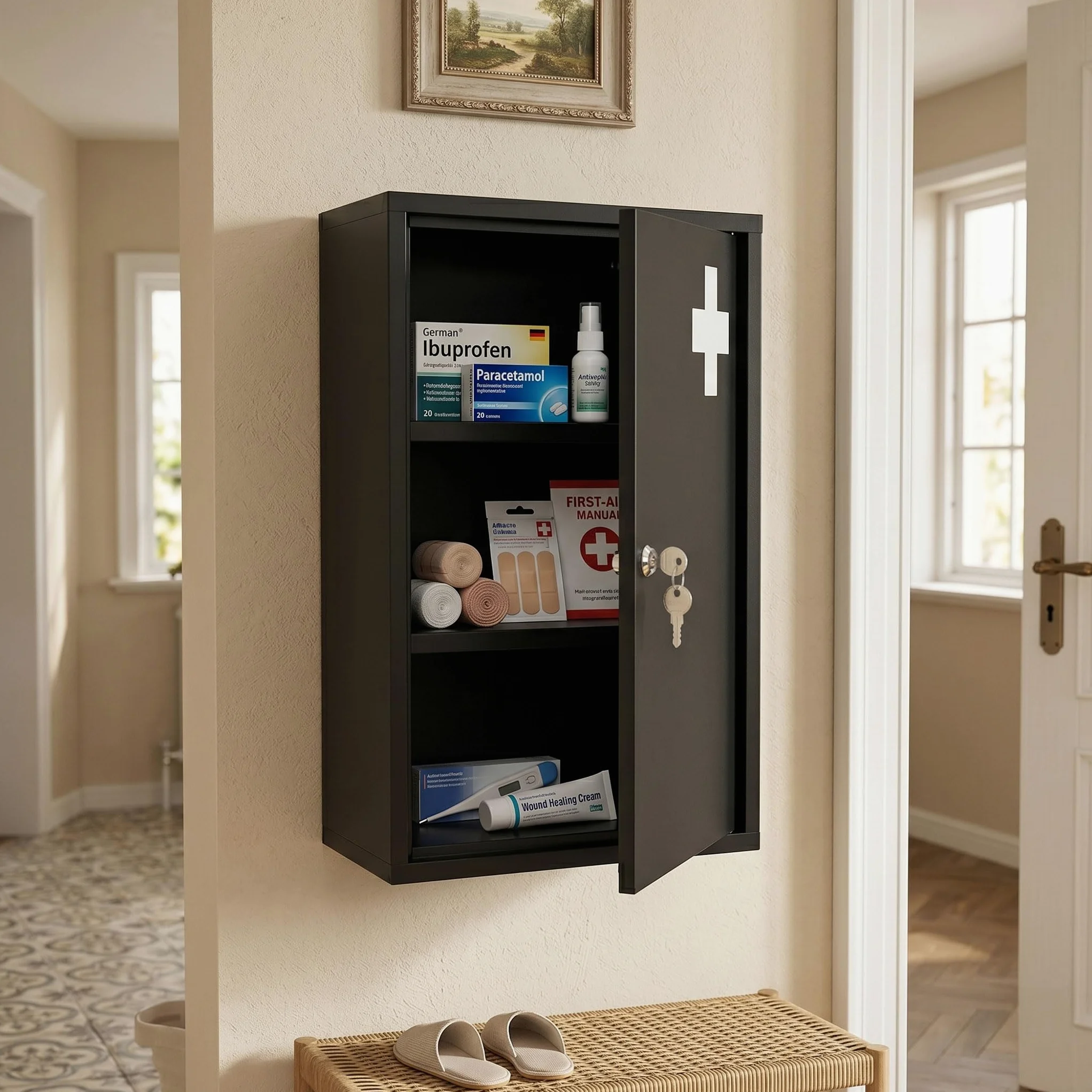 Spetebo Armoire à pharmacie en métal - 50 x 30 cm - Verrouillable - Avec 2 clés - Noir - Armoire à pharmacie avec 3 compartiments - Armoire à pharmacie à domicile