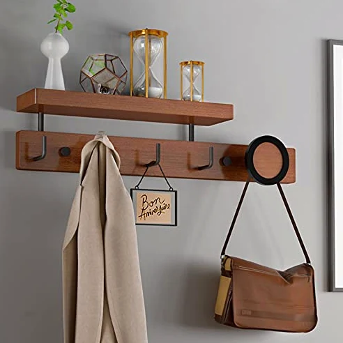 Porte-manteau avec étagère de rangement – Crochets muraux en bois pour couloir, salle de bain, salon, chambre à coucher