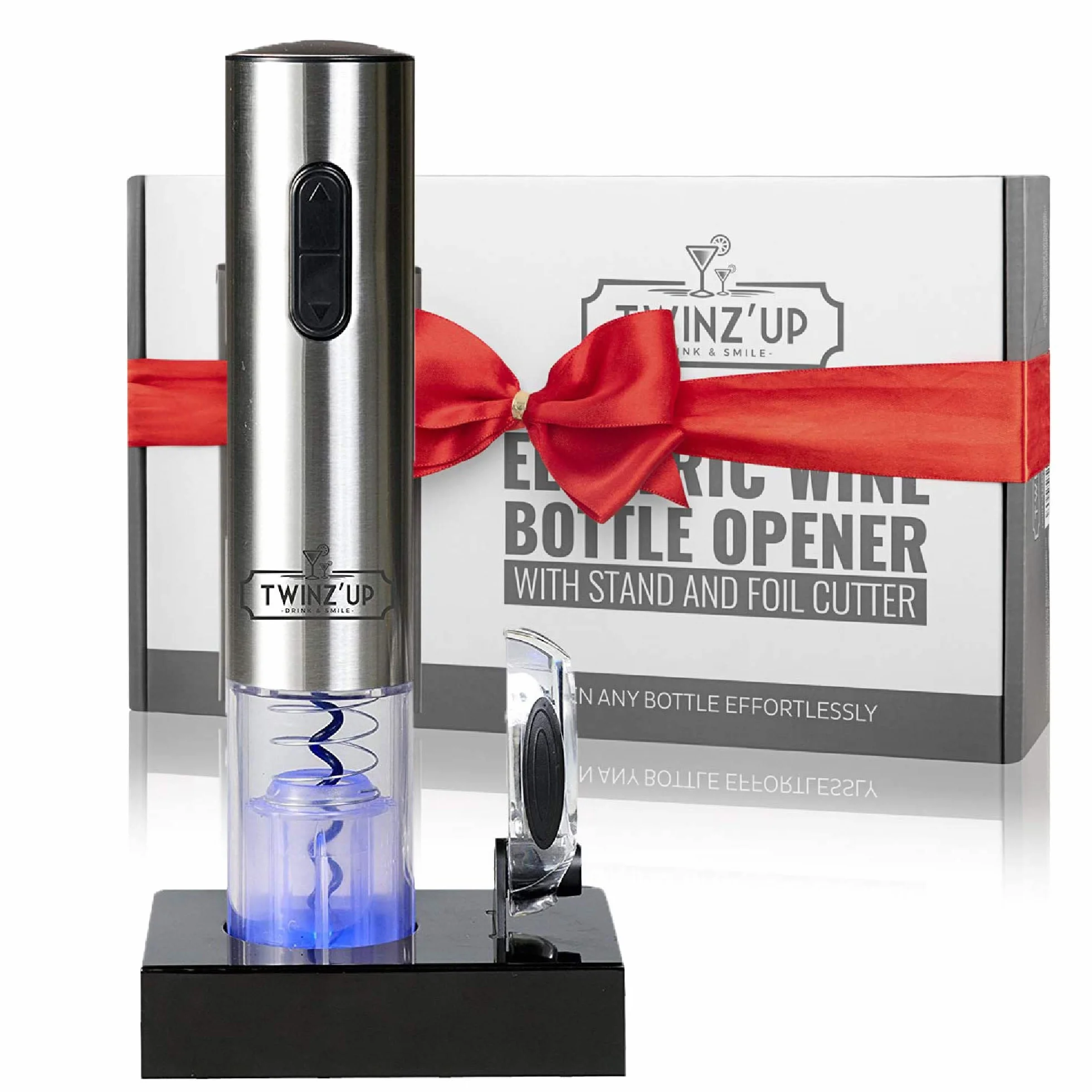 Twinz’Up Tire Bouchon Electrique Rechargeable - Coffret Cadeau Homme - Ouvre Bouteille Electrique sans-Fil avec Socle Chargeur et Coupe-Capsule