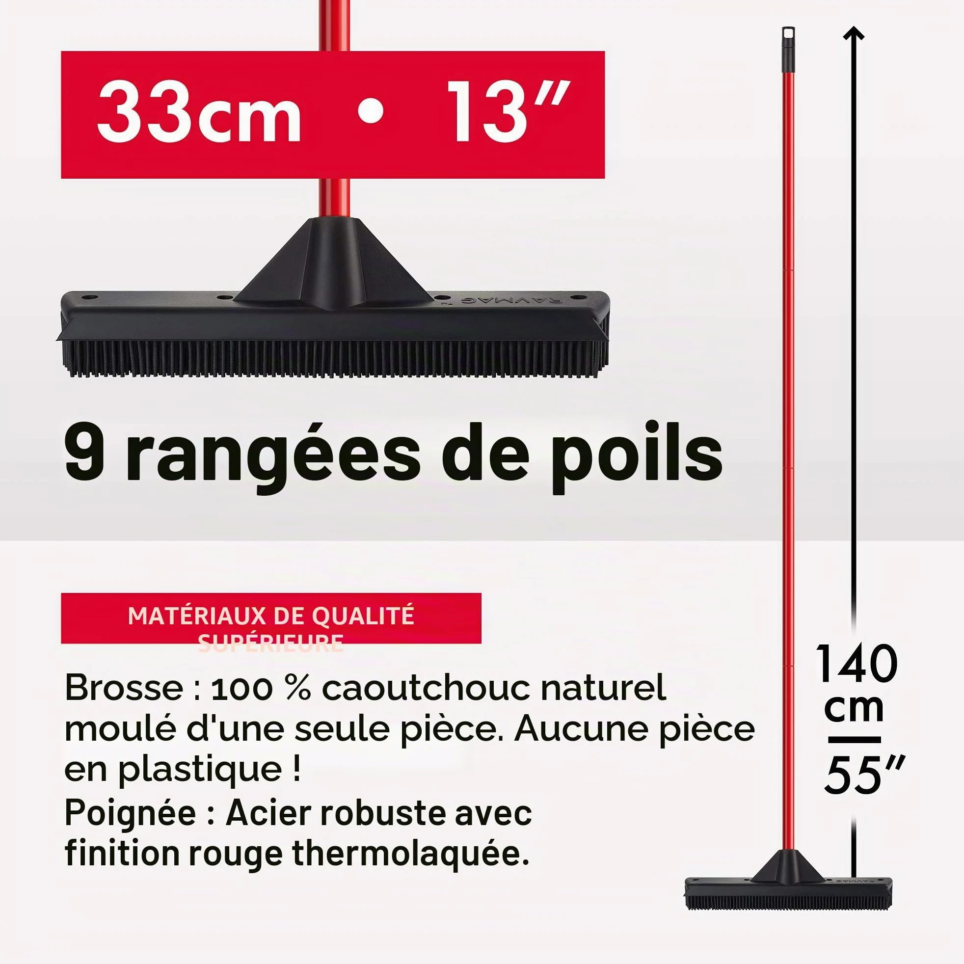 Tyroler Balai Caoutchouc & Raclette Sol | Tête De 33 cm Balai Bross Poils Animaux | Manche Anti-Rouille en 4 Parties de 140 cm pour Balais Coiffeur Caoutchouc Professionnel | Balais Nettoyer Sol