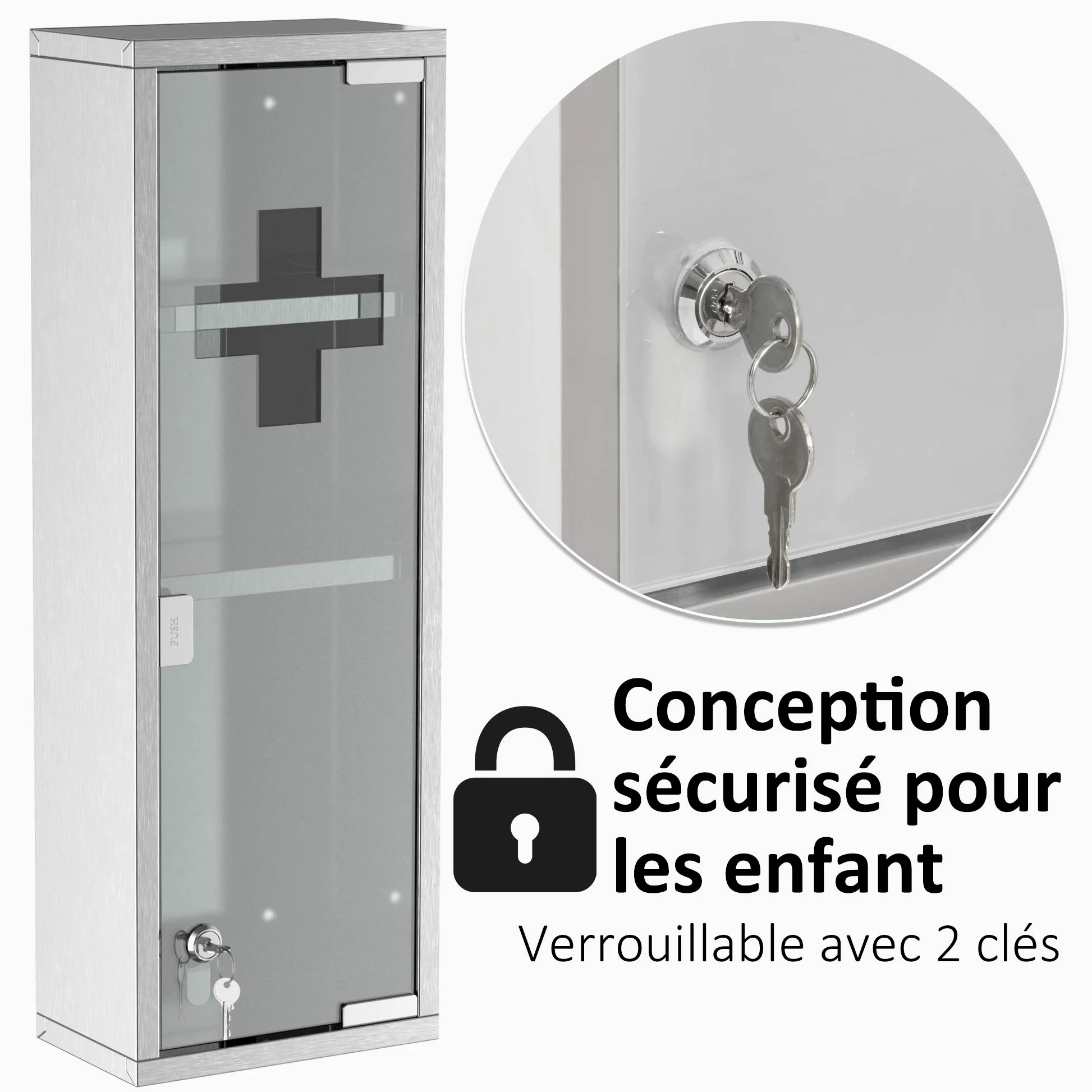 kleankin Armoire à Pharmacie 2 étagères 3 Niveaux 20L x 12l x 58H cm Porte Verre trempé Symbole Croix Acier INOX.