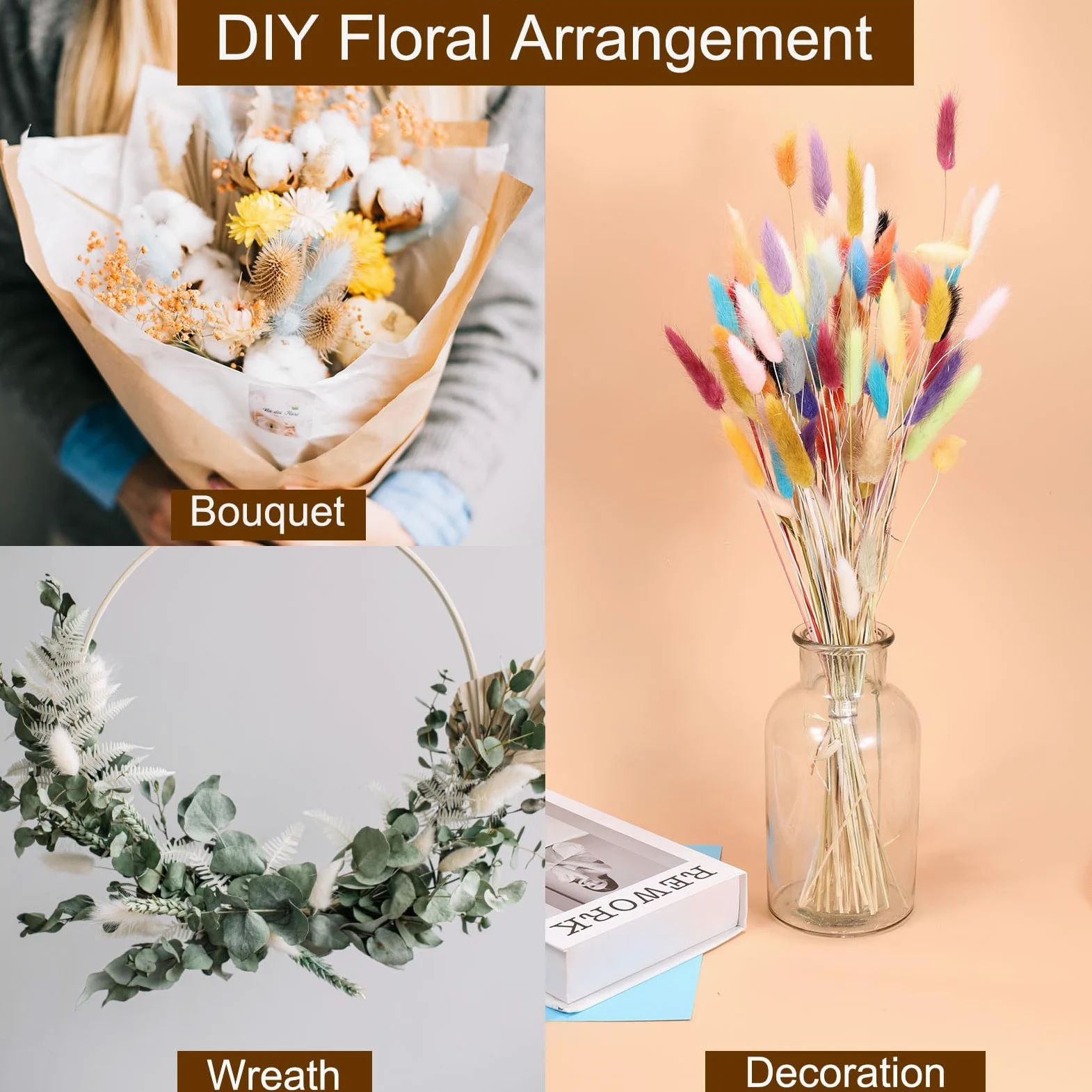 QUARKZMAN 120Pcs Queue de Lapin Naturelle Fleurs Séchées 60cm Gris | Mini Herbe de Pampa Lagurus Ovatus, Bouquet pour Décoration Florale Mariage Noël
