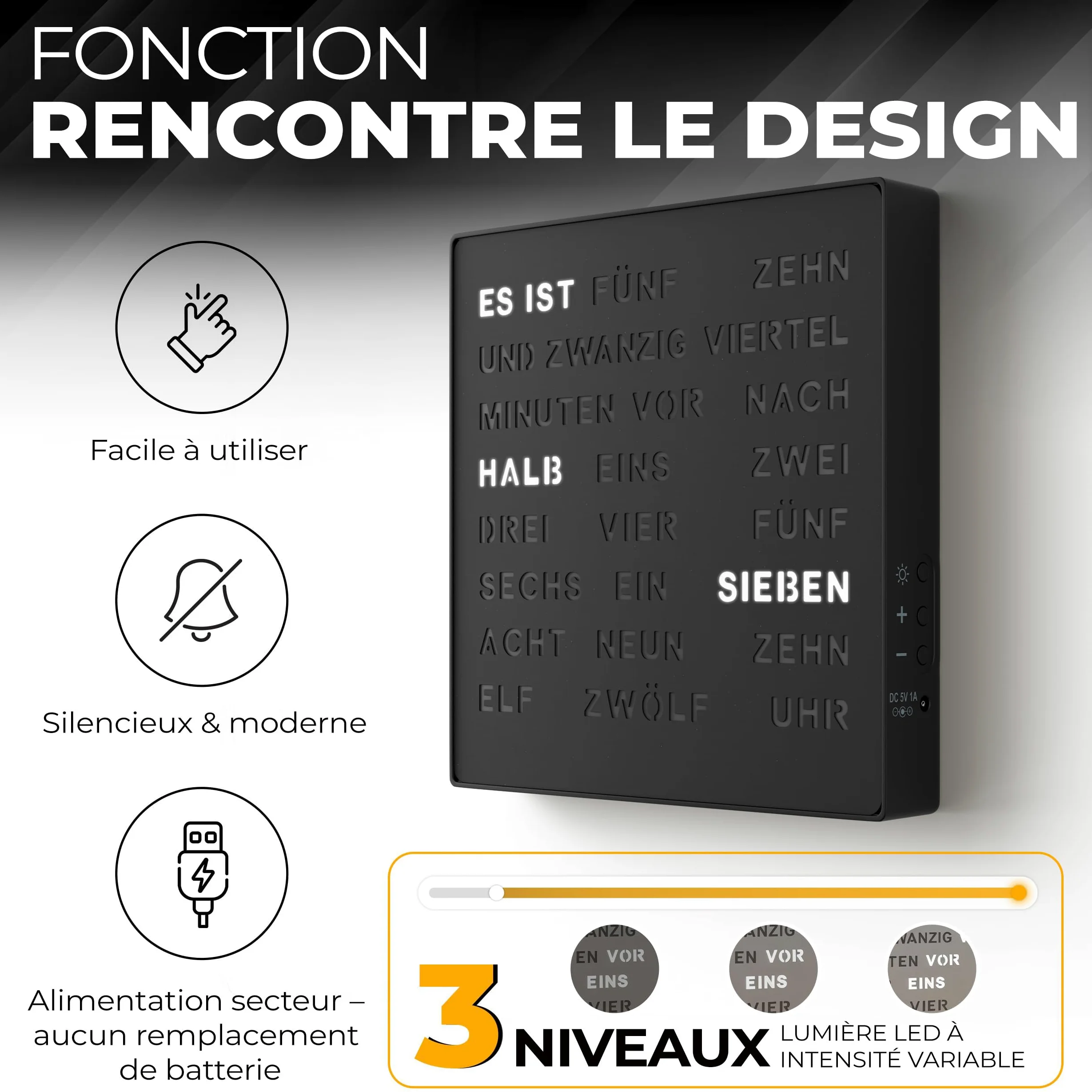 Bada Bing Horloge LED Noire avec Affichage du Mot Allemand - Horloge | en métal élégante avec câble USB - Horloge murale moderne - Horloge de table de qualité supérieure silencieuse à poser/à