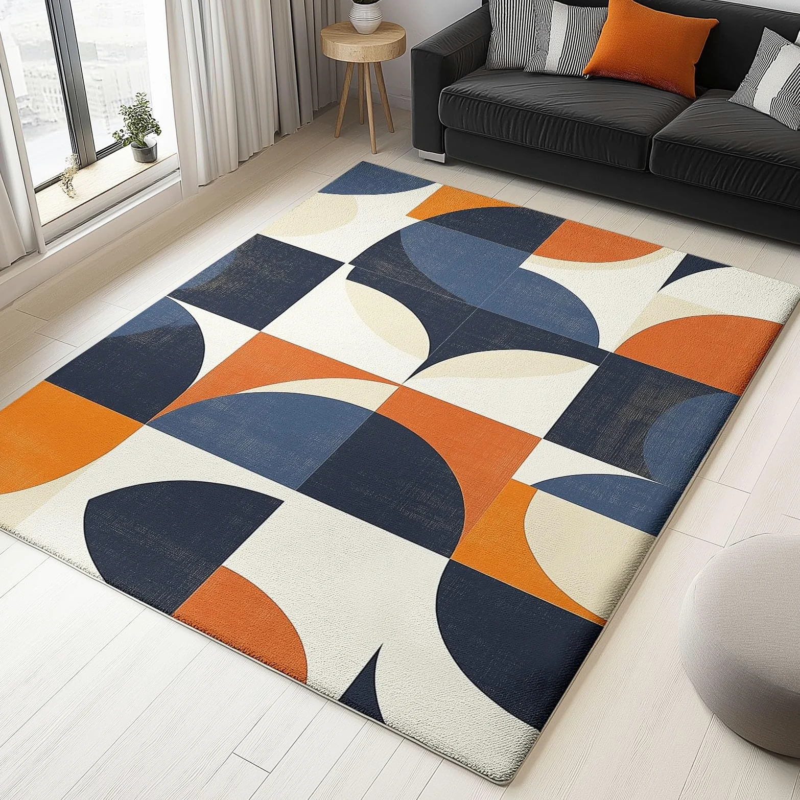 Tapis Salon Chambre Adulte Poil, Tapis à Poils Courts et denses Motif Géométrie Vintage Cercles, Tapis Lavable en Machine Antidérapant Bleu Orange, 60 x 110 cm