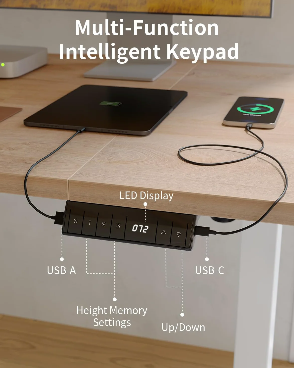 FEZIBO Bureau Assis Debout avec Ports de Charge USB-A et USB-C - 140 x 70 cm - Bureau électrique réglable en Hauteur - Standing Desk- Chêne