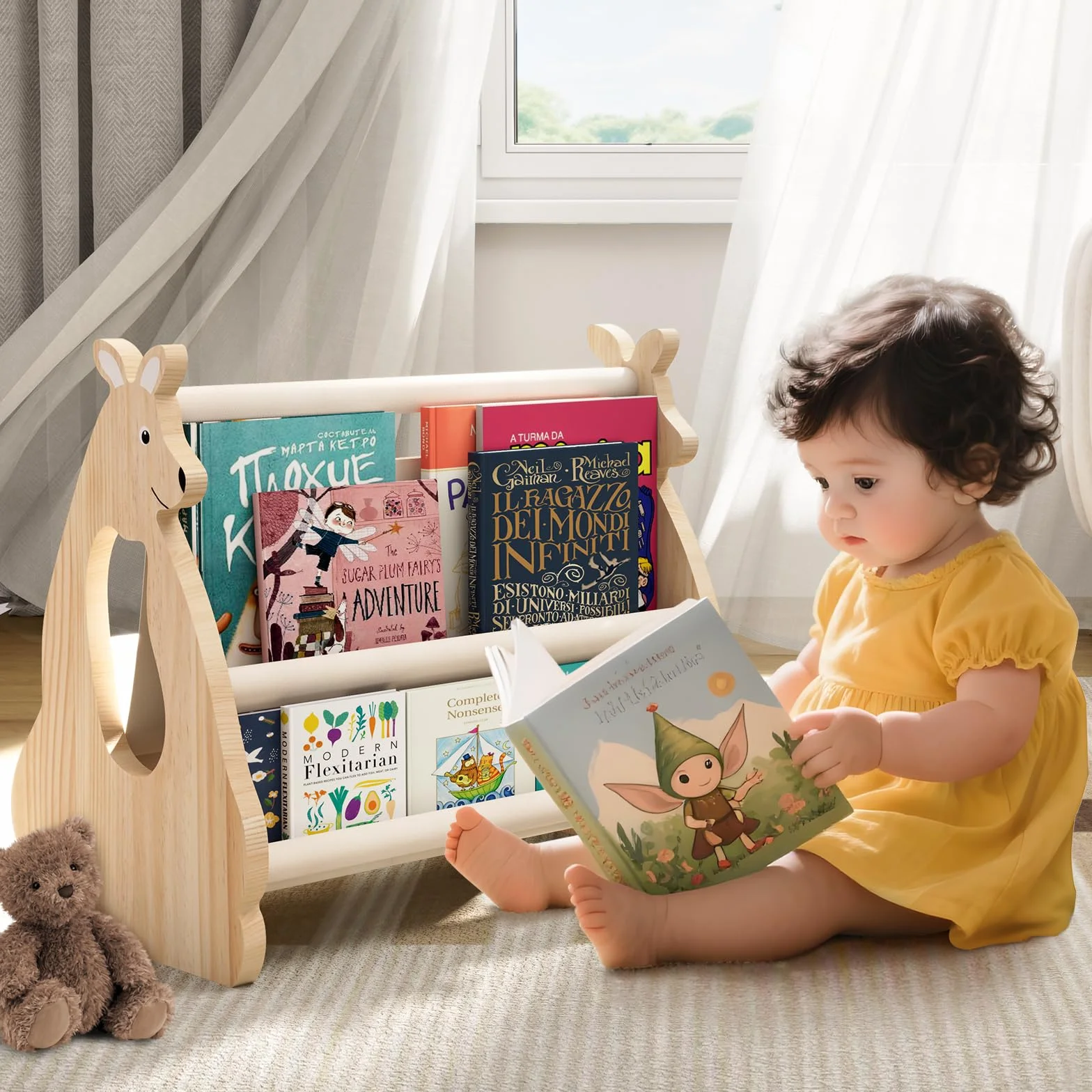 EURYUNG Bibliothèque Enfant Bois – Bibliothèque Montessori Bebe pour Chambre d’Enfant, Design Kangourou, Rangement Livres Enfants, Meuble Chambre Enfant, Bibliothèque Portable, Etagere Livre Enfant