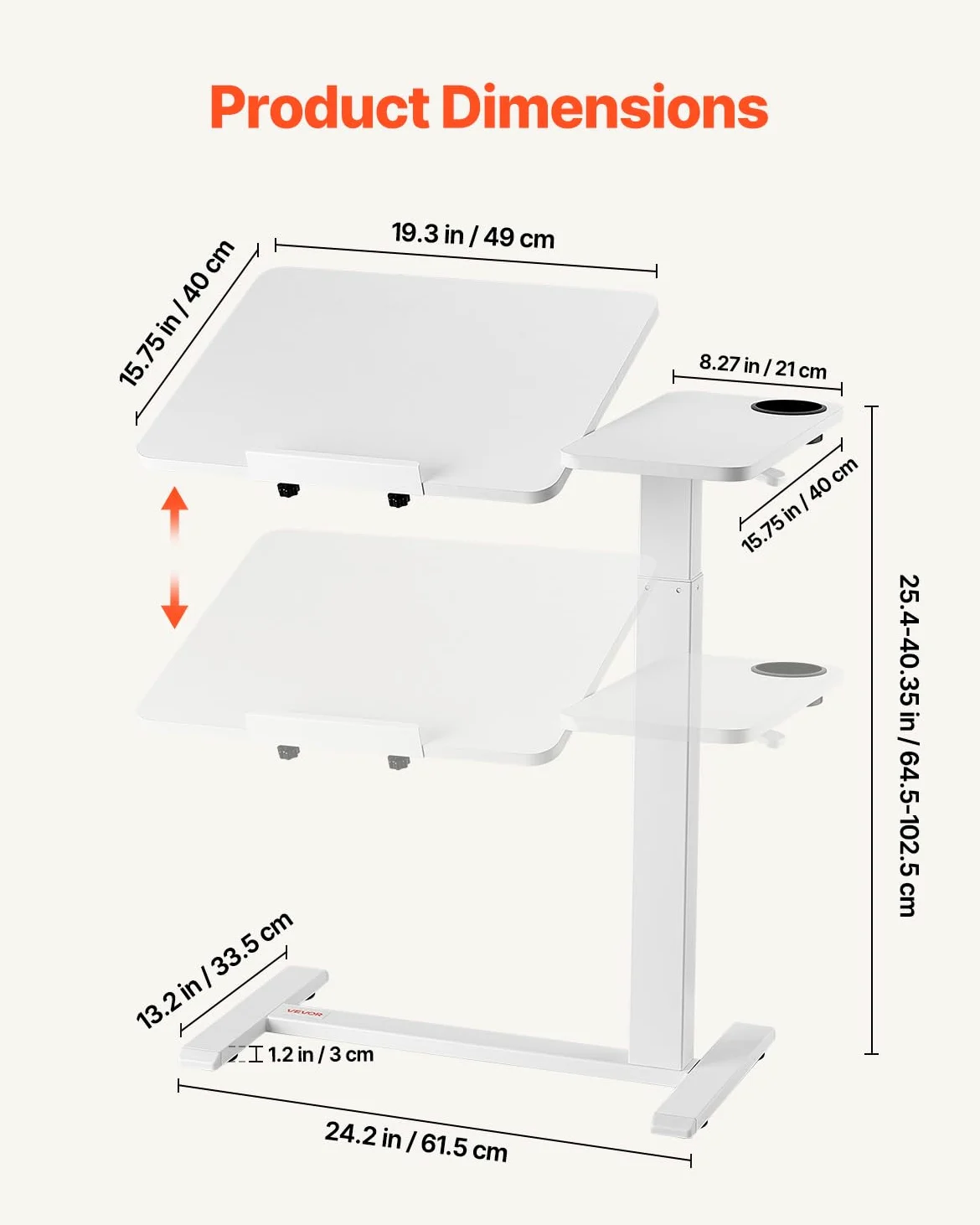 VEVOR Table de lit mobile, table d'appoint avec plateau rabattable et 4 roulettes dissimulées, bureau d'ordinateur portable réglable en hauteur avec porte-gobelet, pour maison, bureau et études, blanc