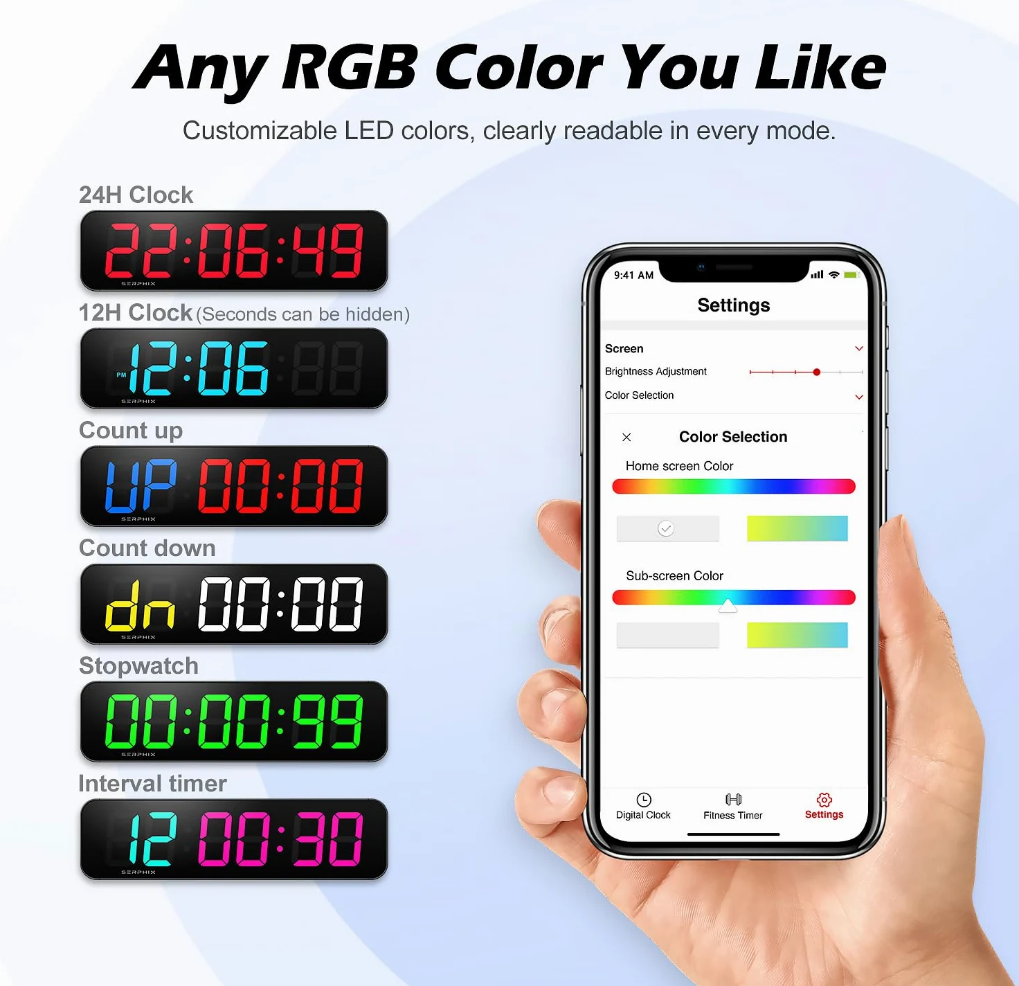 Grande horloge murale numérique de 38,6 cm, couleur RVB personnalisable, application et télécommande, horloge LED à 6 chiffres avec secondes, alarme, compte à rebours, chronomètre, horloge pour la