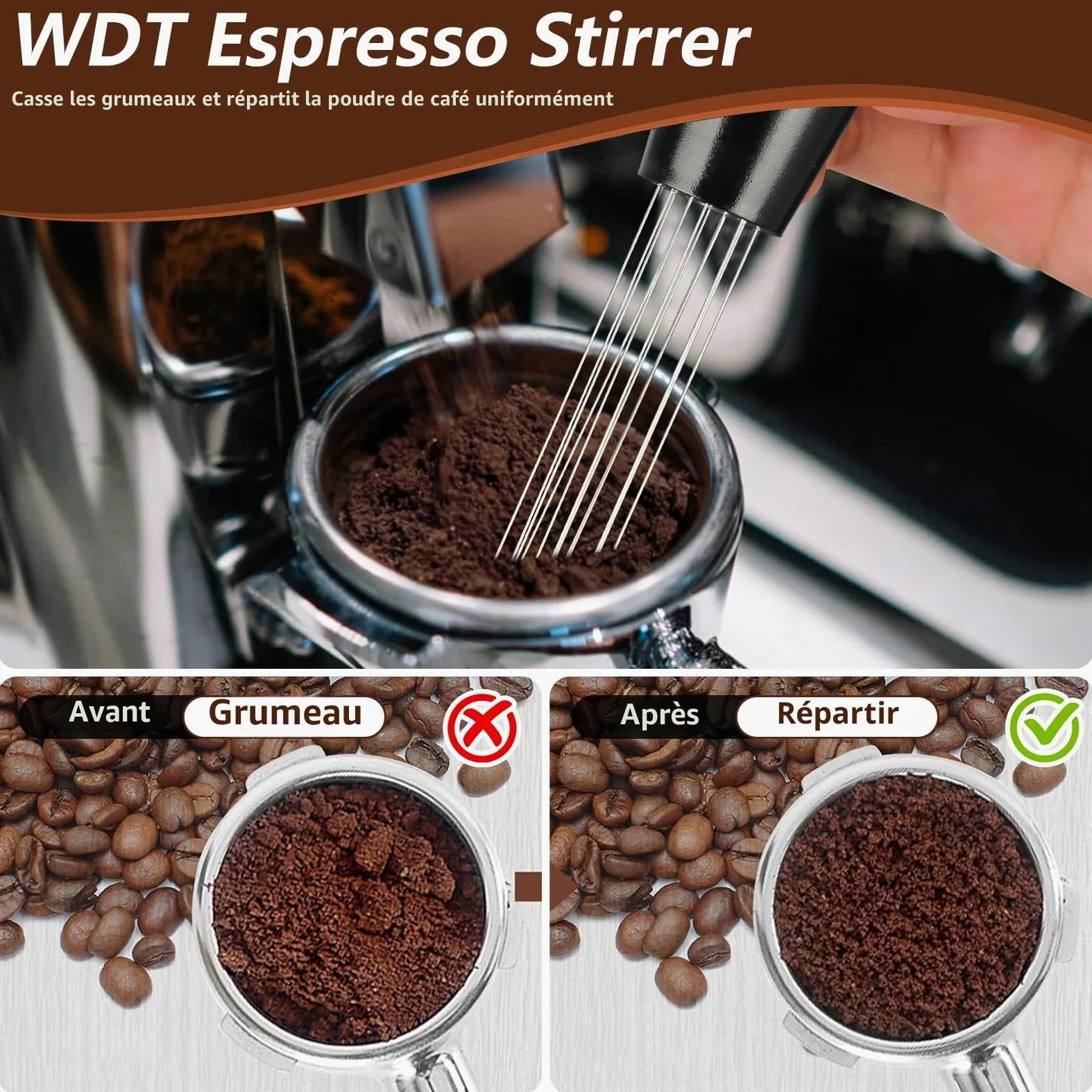 7 pièces Accessoires pour expresso, outils de tamping pour expresso de 51 mm, kit d'accessoires pour machine à expresso avec outil WDT, tampeur à café avec station de tamping en bois pour expresso