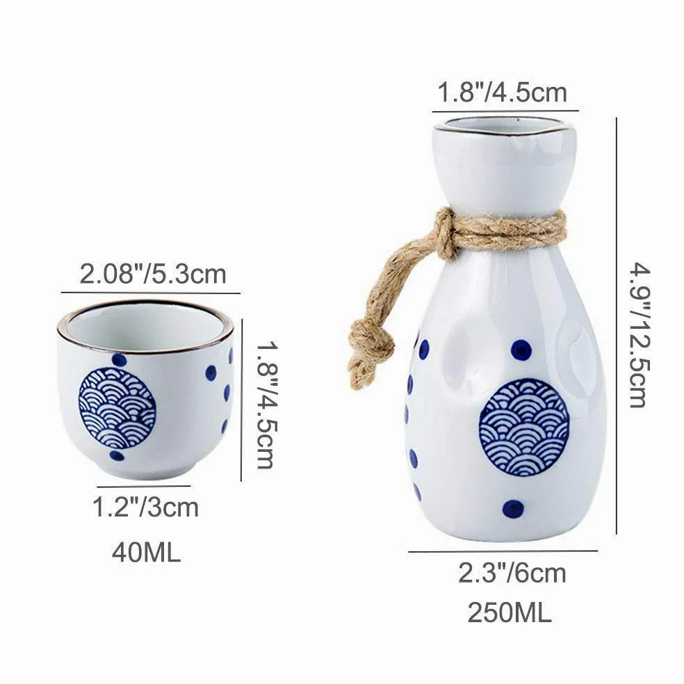 Service à saké japonais, ensemble de 5 tasses à saké, tasses en céramique à texture ondulée bleue, verres à vin artisanaux pittoresques, pour thé shochu chaud et froid, meilleur cadeau pour la fa