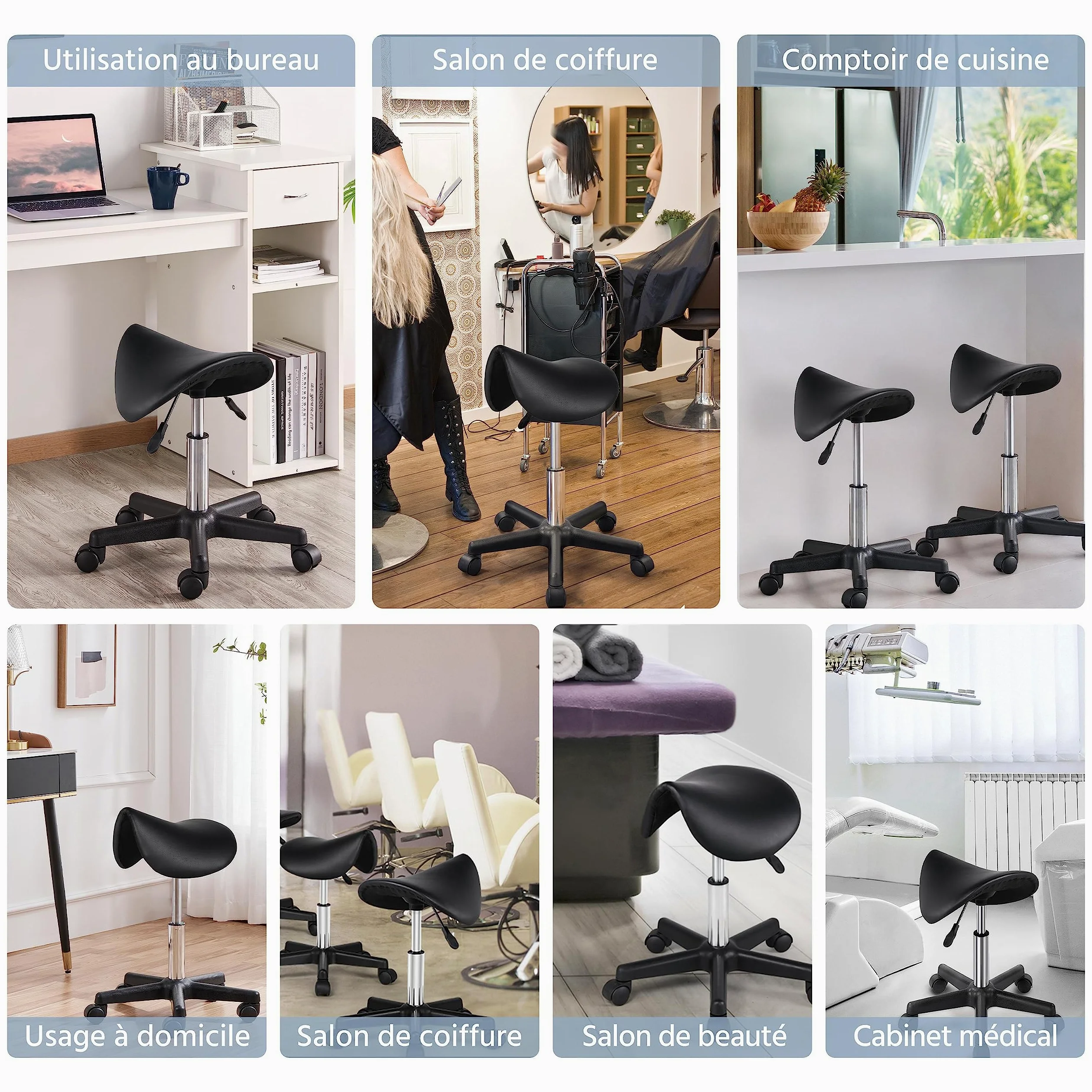Yaheetech Tabouret roulettes Professionnel PU Tabouret Ergonomique Selle De Cheval Anti Mal De Dos à roulettes Pivotantes Hauteur Réglable 45,5-60 cm Noir