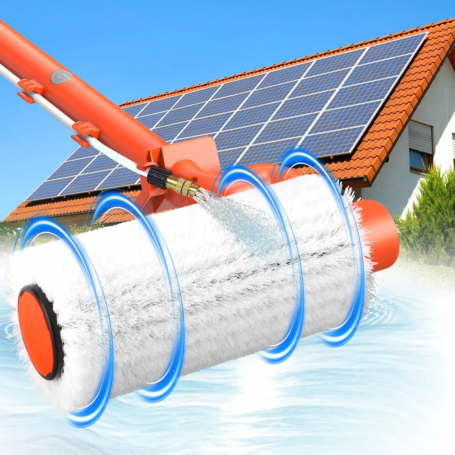 Brosse de Lavage électrique télescopique de 6,5 m - Brosse de Nettoyage électrique à Rouleau avec raccord de Tuyau pour systèmes PV, fenêtres, toits de terrasse et Nettoyage des serres