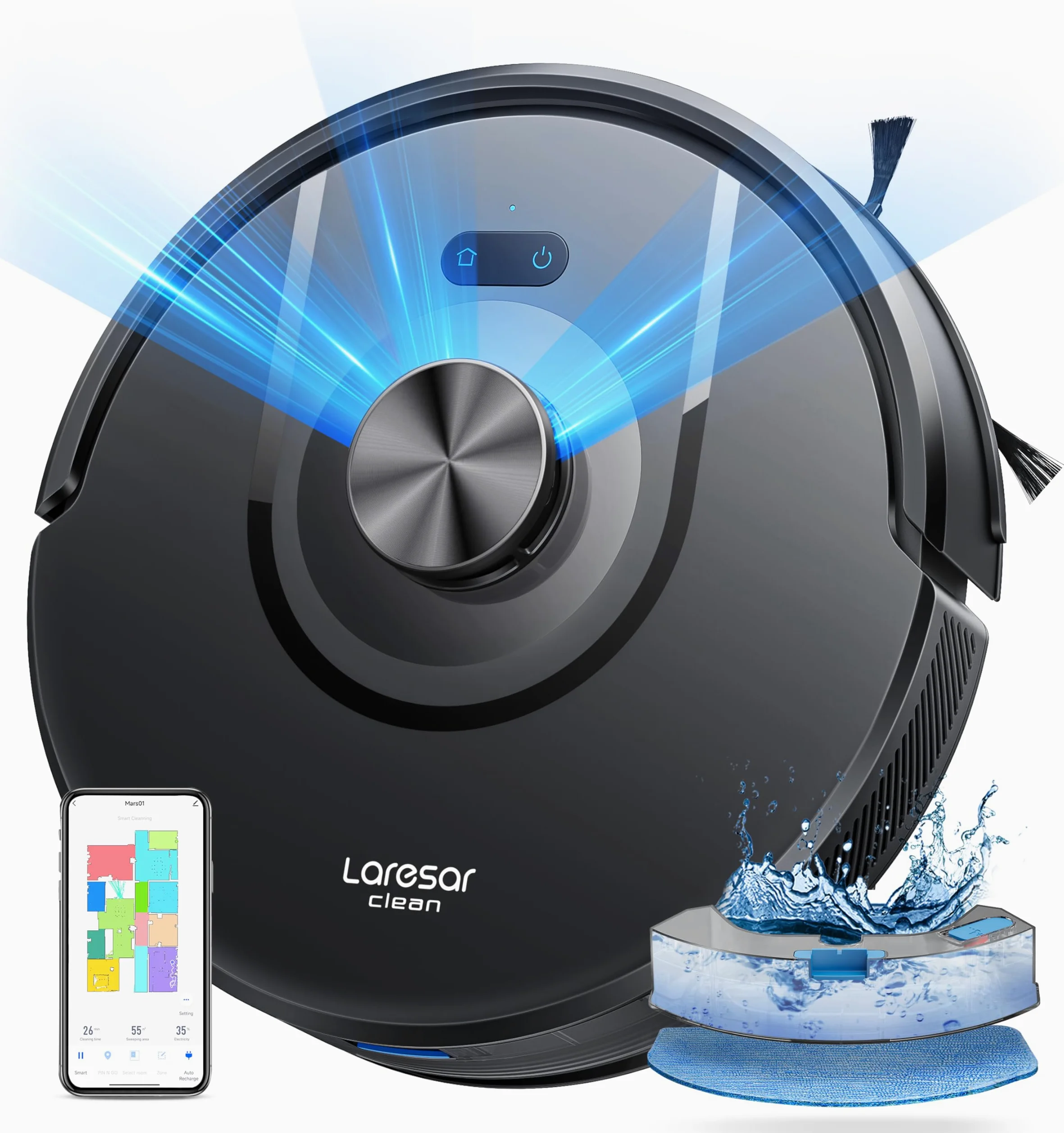 Aspirateur Robot, 8000Pa 200Mins Robot Aspirateur Navigation LiDAR Laveur, Robot Laveur de sol, Cartes Pour Sols Multiples, Commande Alexa/APP/WiFi, Idéal Pour Poils d’Animaux, Tapis et Sols Durs